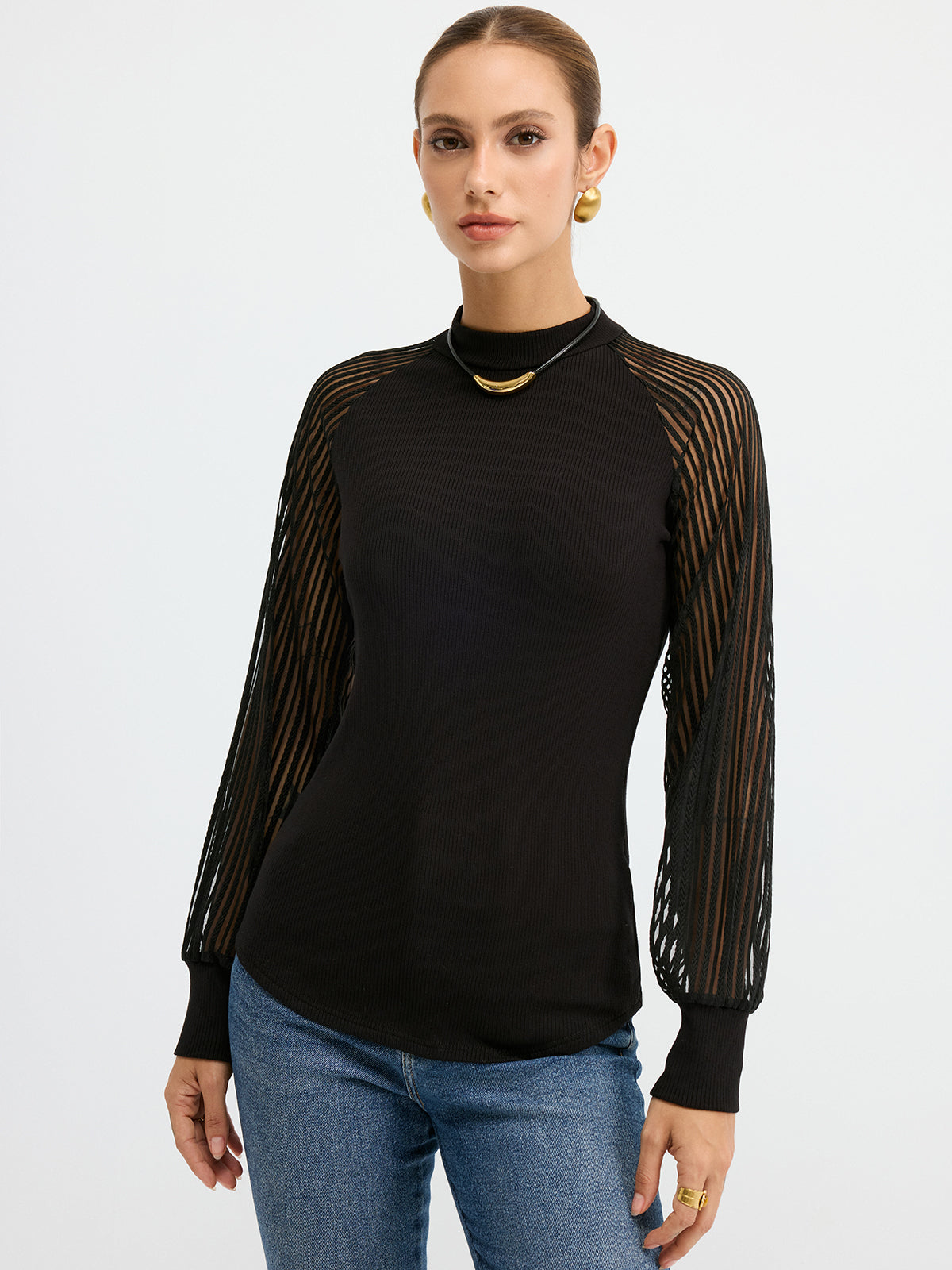 Mock Neck Mesh-Sleeve T-Shirt-Chicvia
