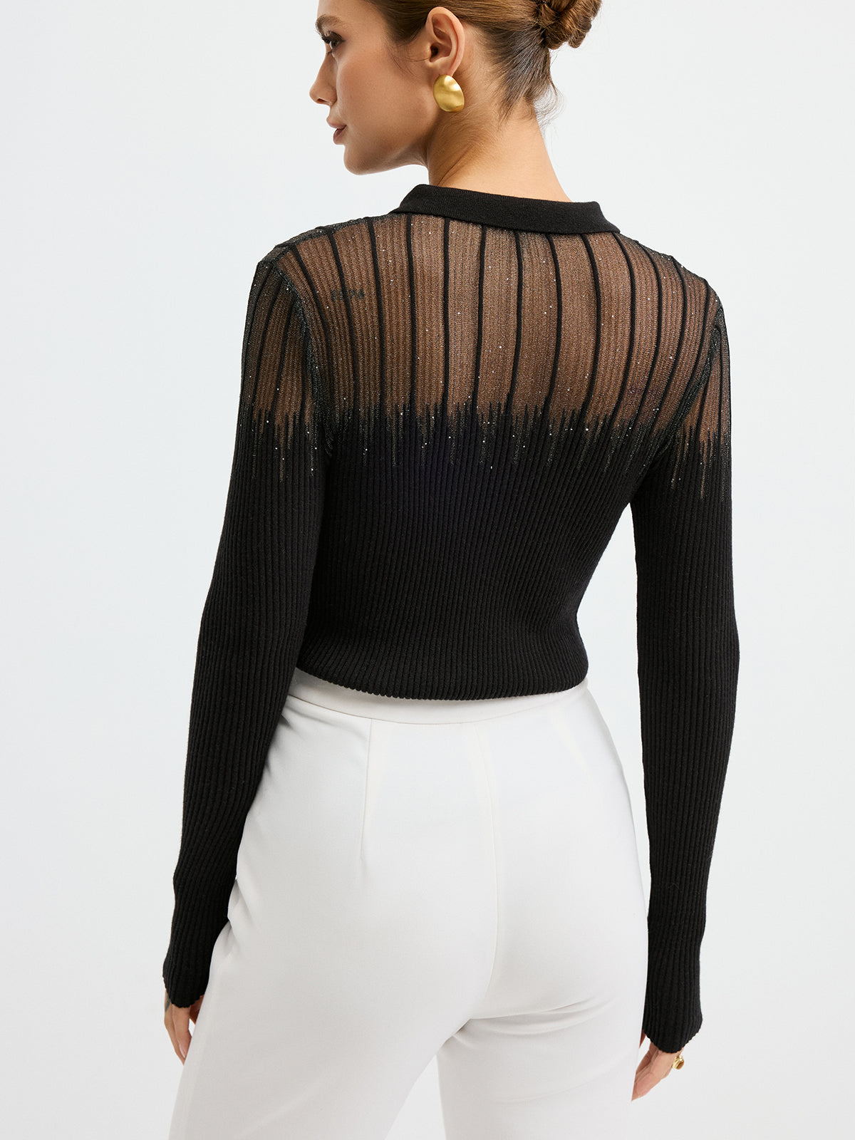 Glitter Detail Sheer Panel  Polo Knit Top-Chicvia