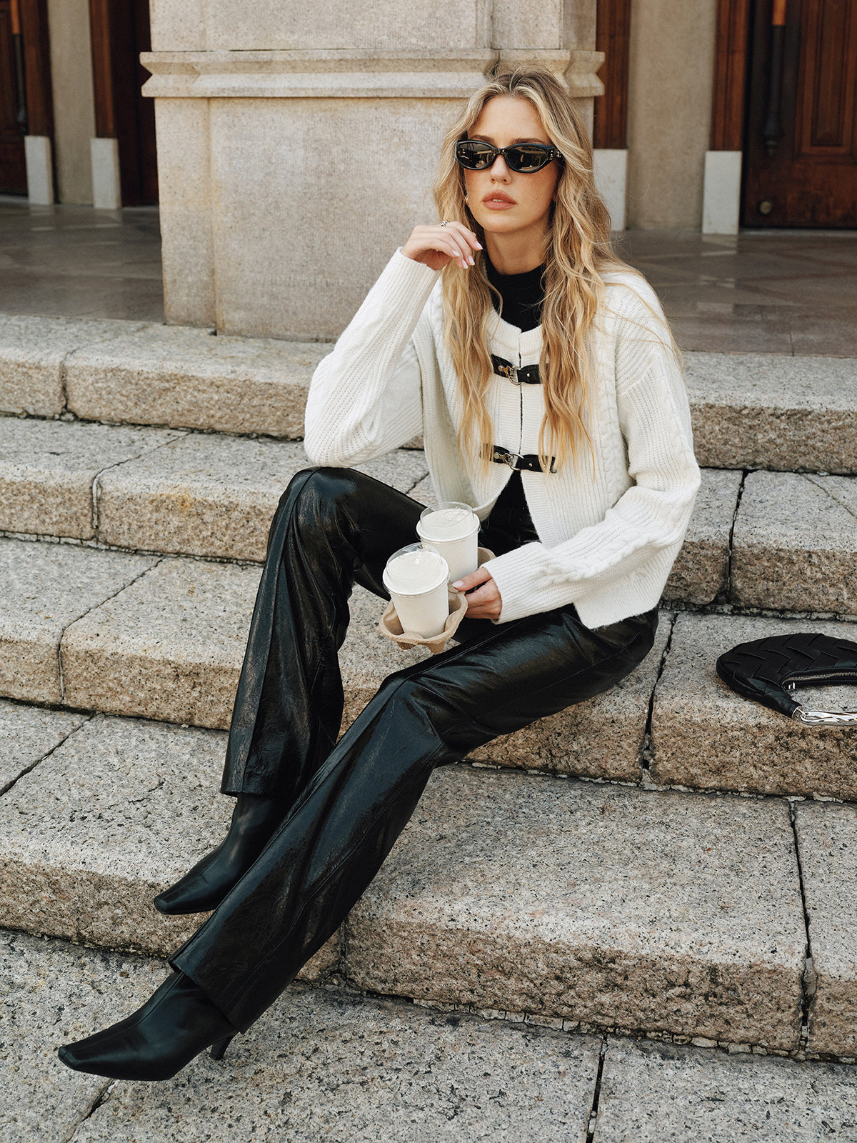 Cable-Knit Cardigan with Buckle Closure-Chicvia