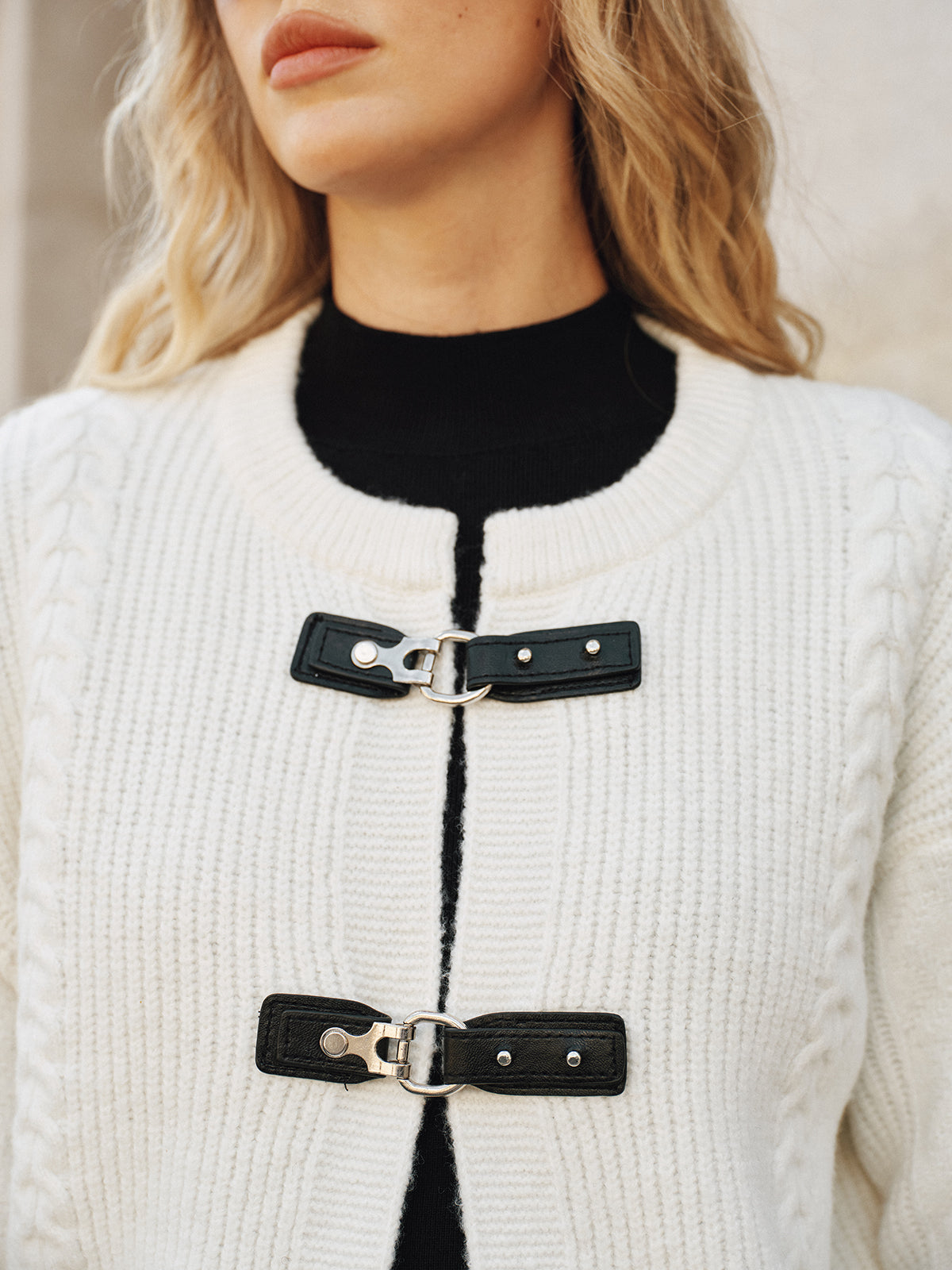 Cable-Knit Cardigan with Buckle Closure-Chicvia