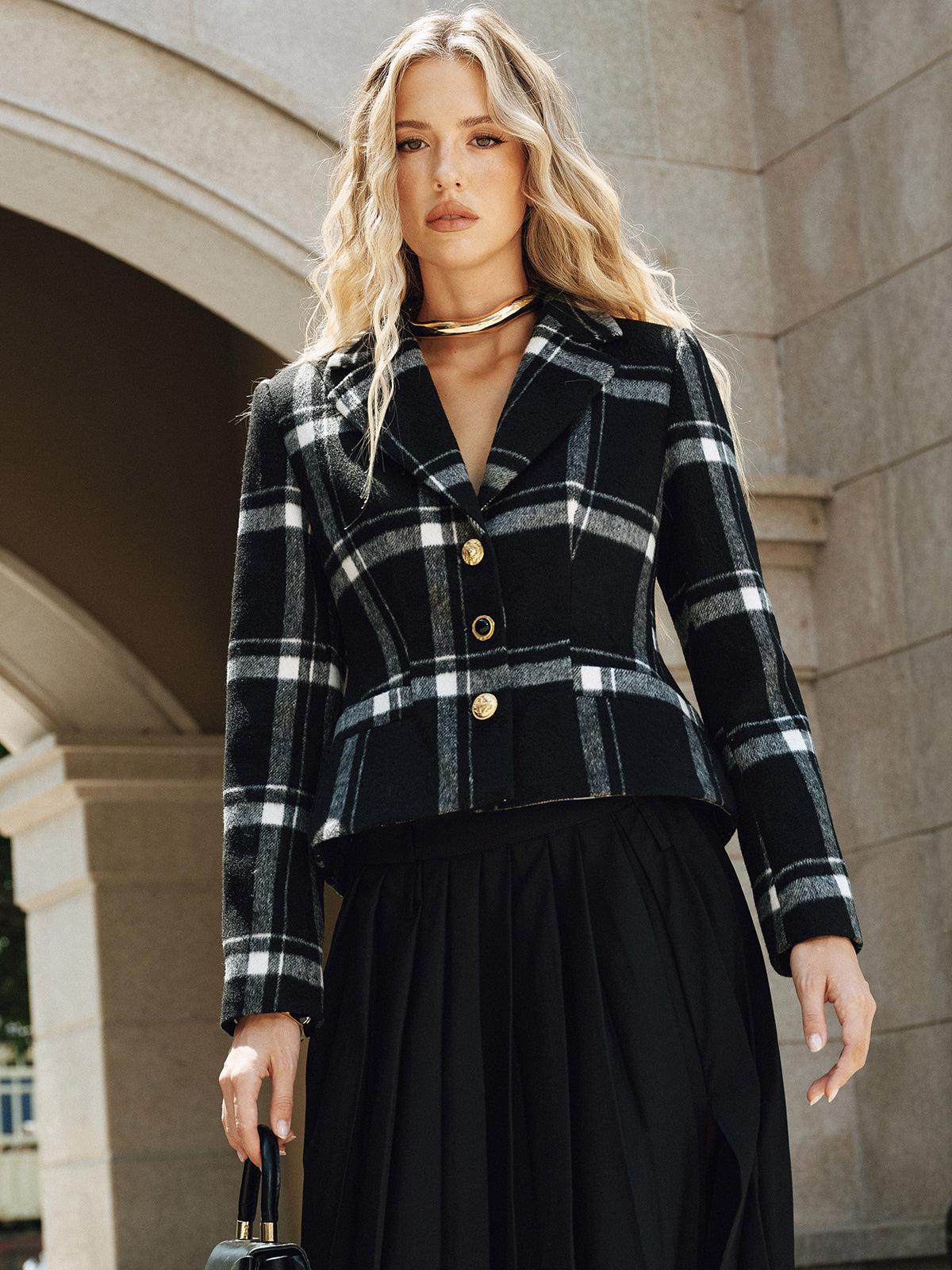 Plaid Wool Blend Blazer-Chicvia