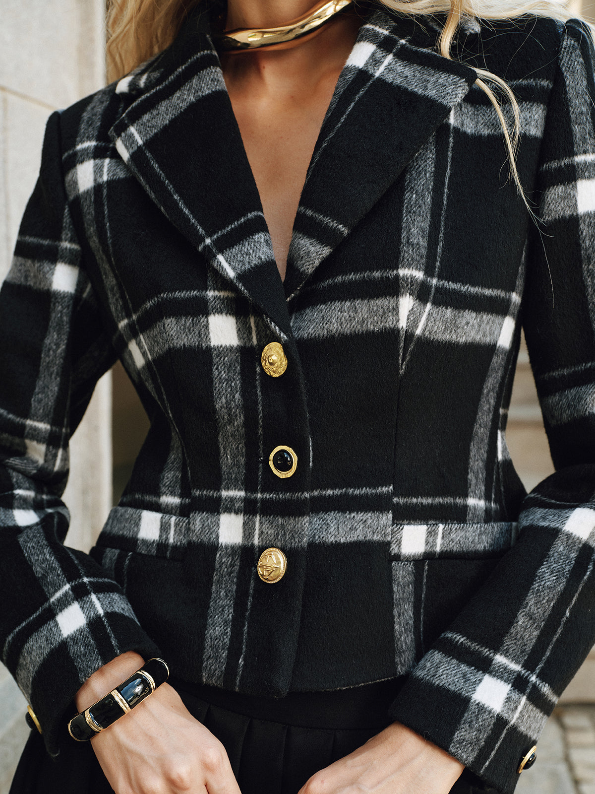 Plaid Wool Blend Blazer-Chicvia