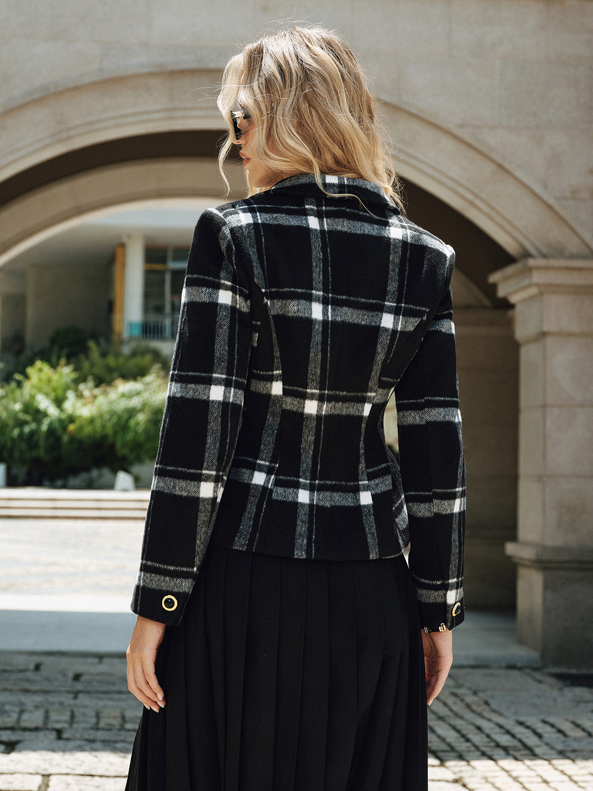Plaid Wool Blend Blazer-Chicvia