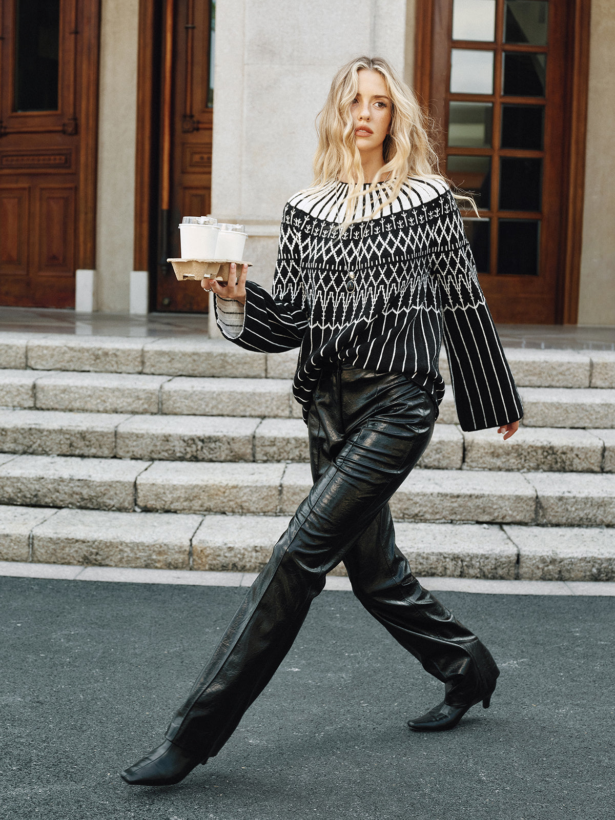 Fair Isle Pattern Bell Sleeve Sweater-Chicvia