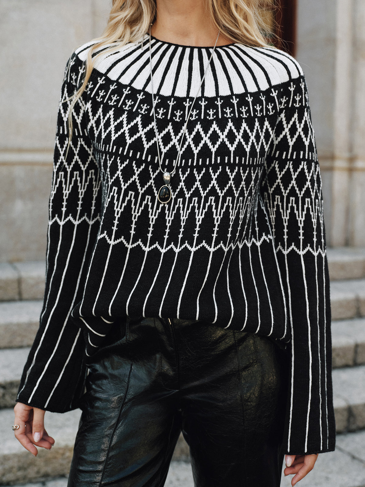 Fair Isle Pattern Bell Sleeve Sweater-Chicvia