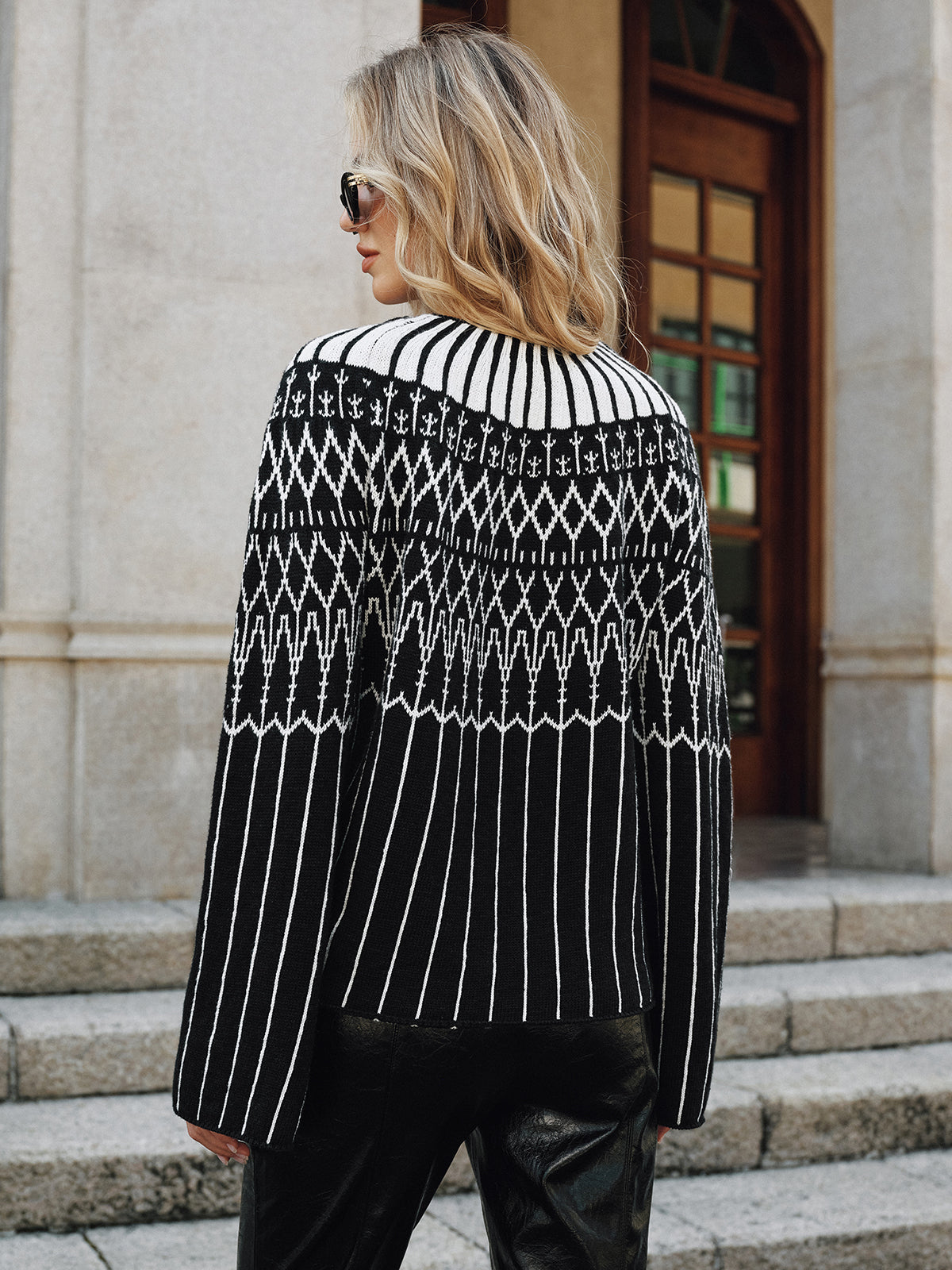 Fair Isle Pattern Bell Sleeve Sweater-Chicvia