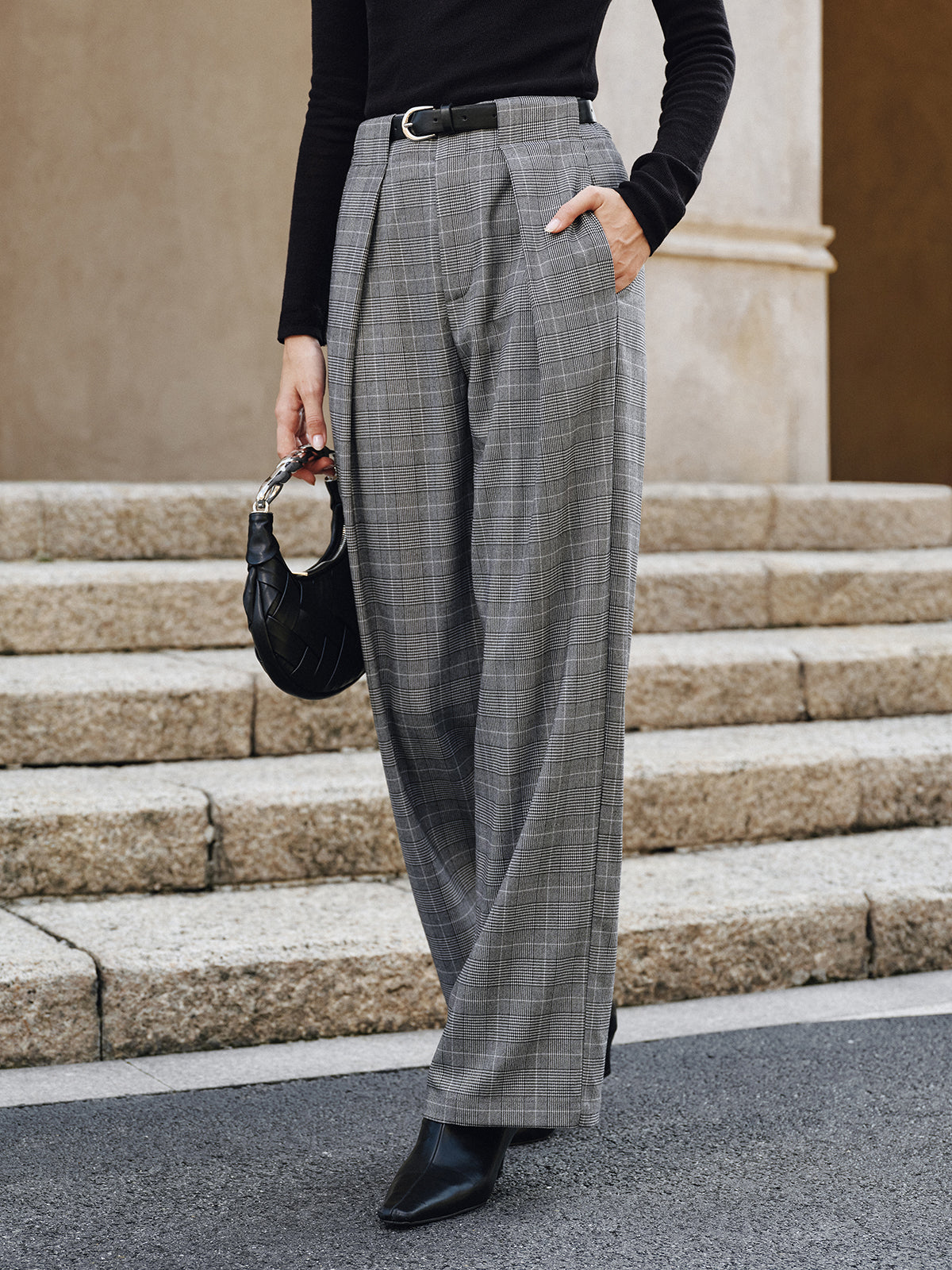 Pleated Plaid Belted Wide-Leg Pants-Chicvia