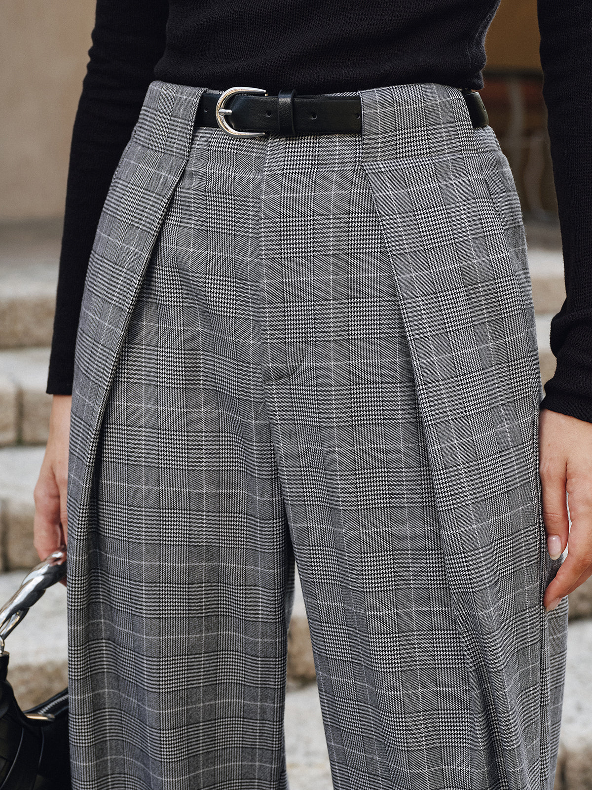 Pleated Plaid Belted Wide-Leg Pants-Chicvia