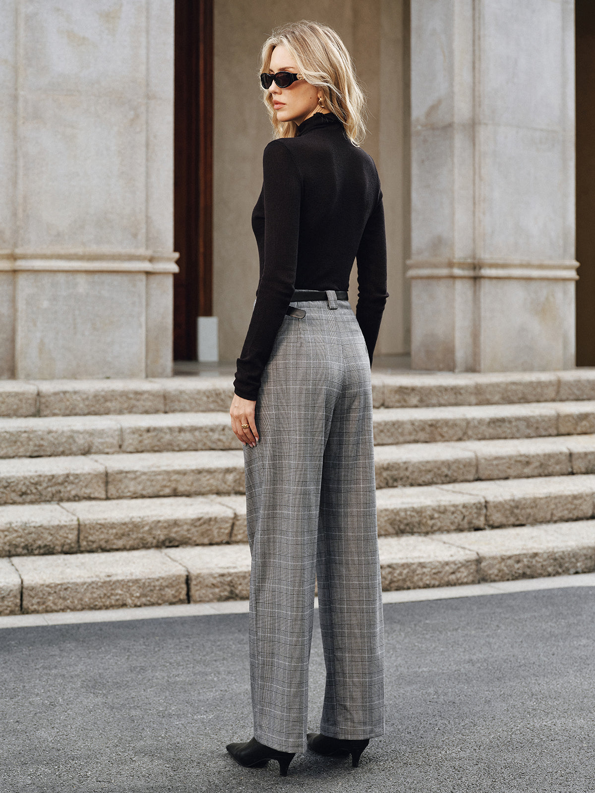 Pleated Plaid Belted Wide-Leg Pants-Chicvia