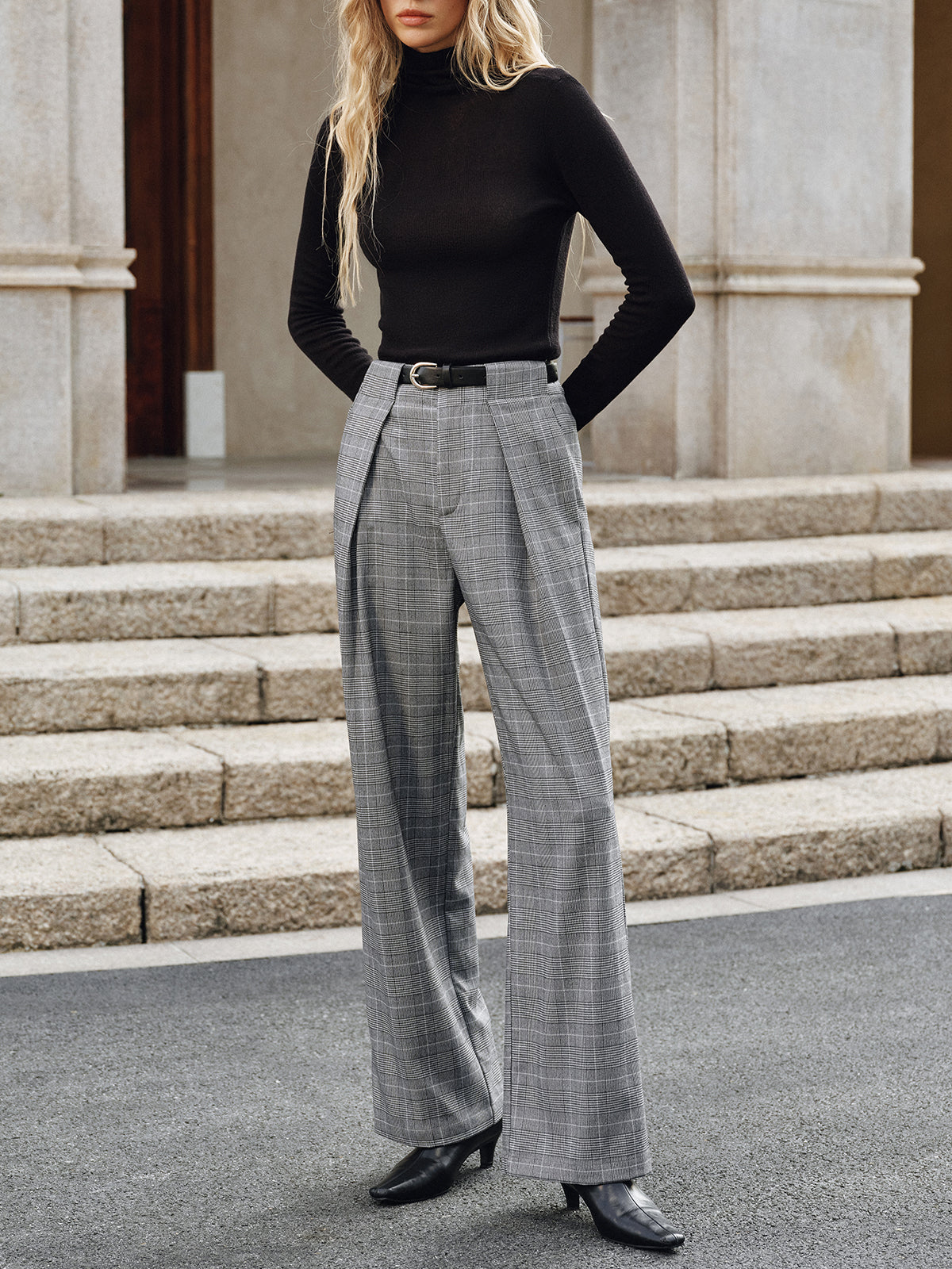 Pleated Plaid Belted Wide-Leg Pants-Chicvia