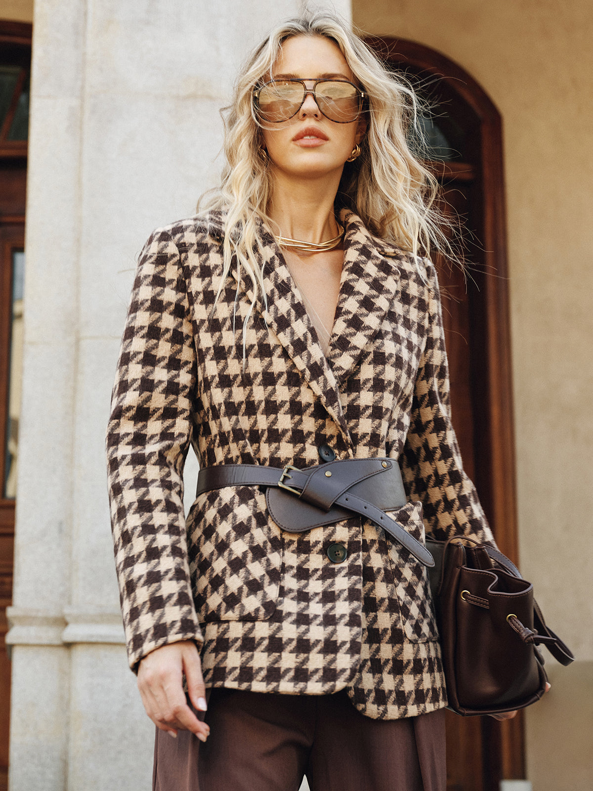 Houndstooth Belted Blazer-Chicvia
