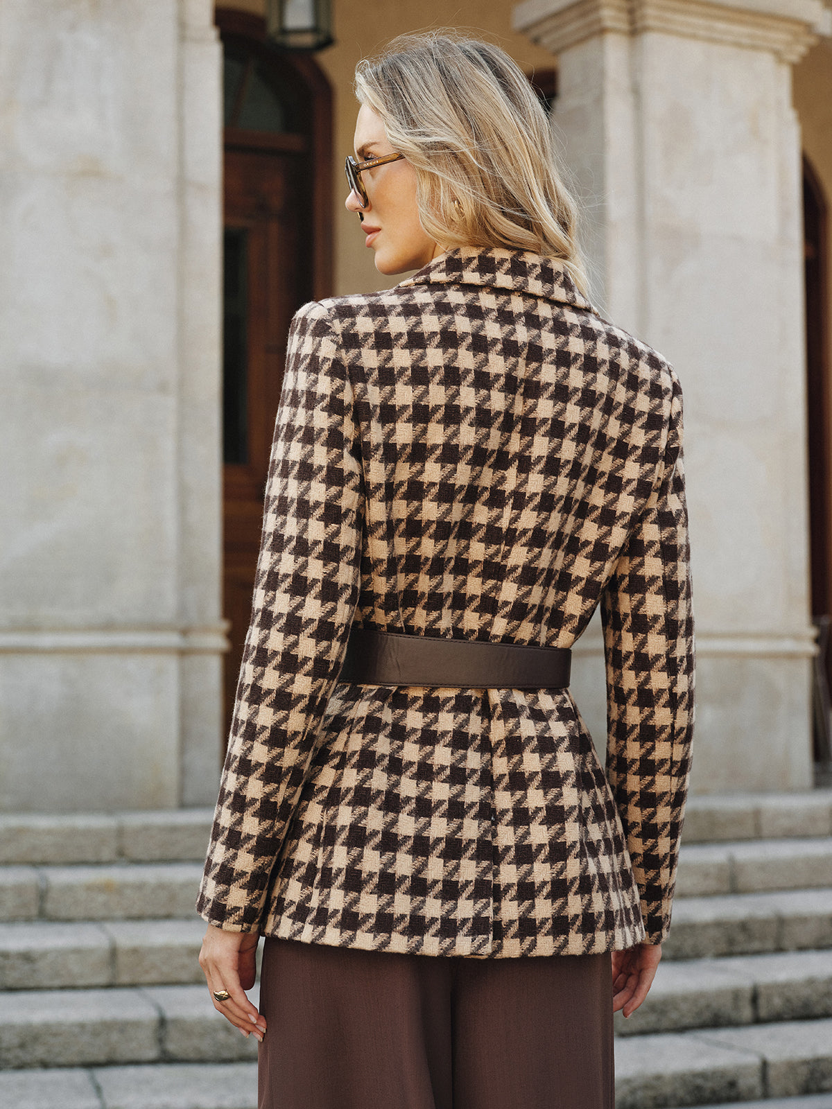 Houndstooth Belted Blazer-Chicvia