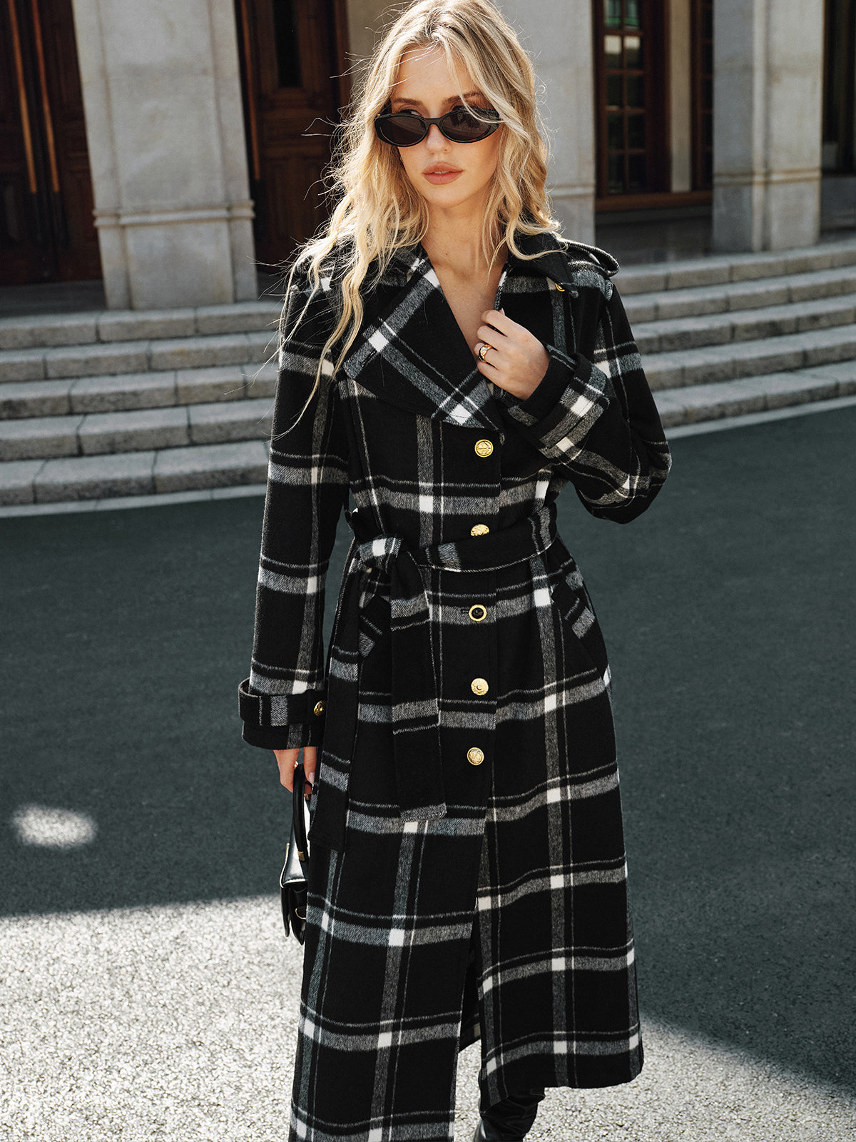 Plaid Belted Wool Blend Trench Coat-Chicvia