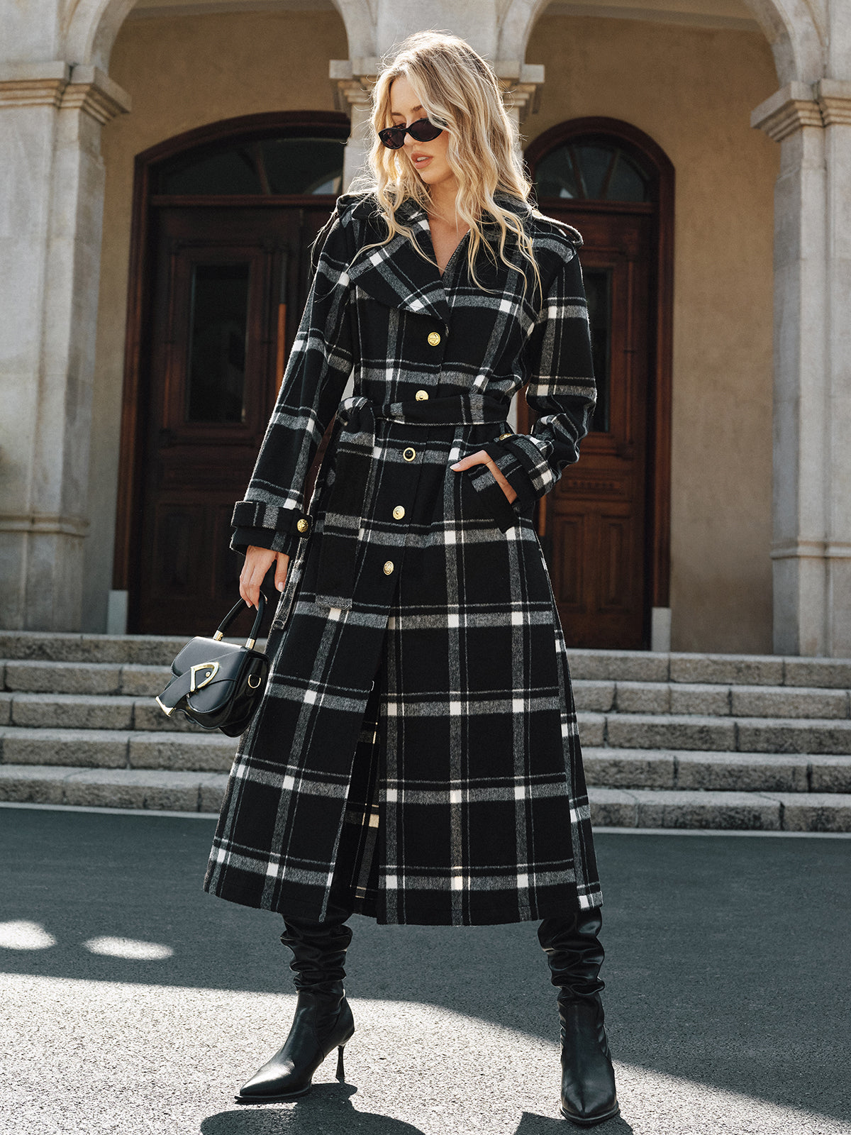 Plaid Belted Wool Blend Trench Coat-Chicvia