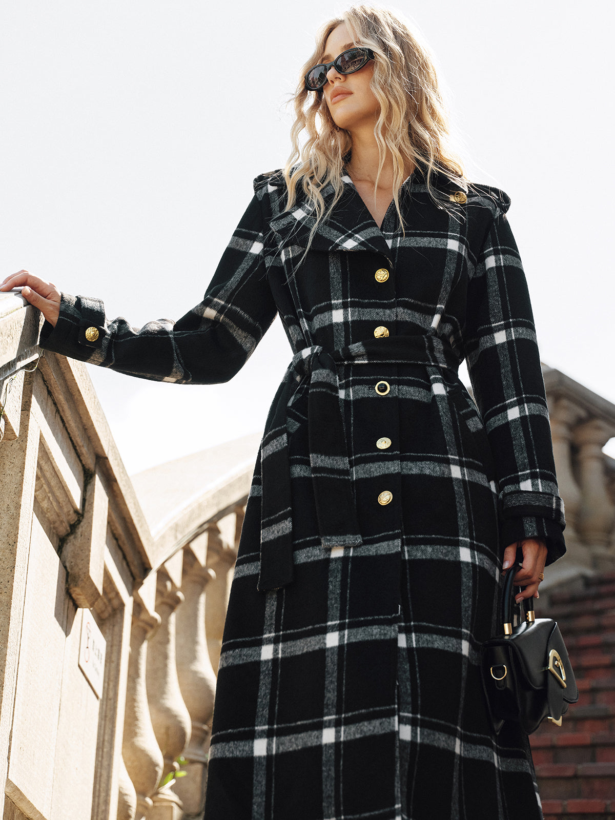 Plaid Belted Wool Blend Trench Coat-Chicvia