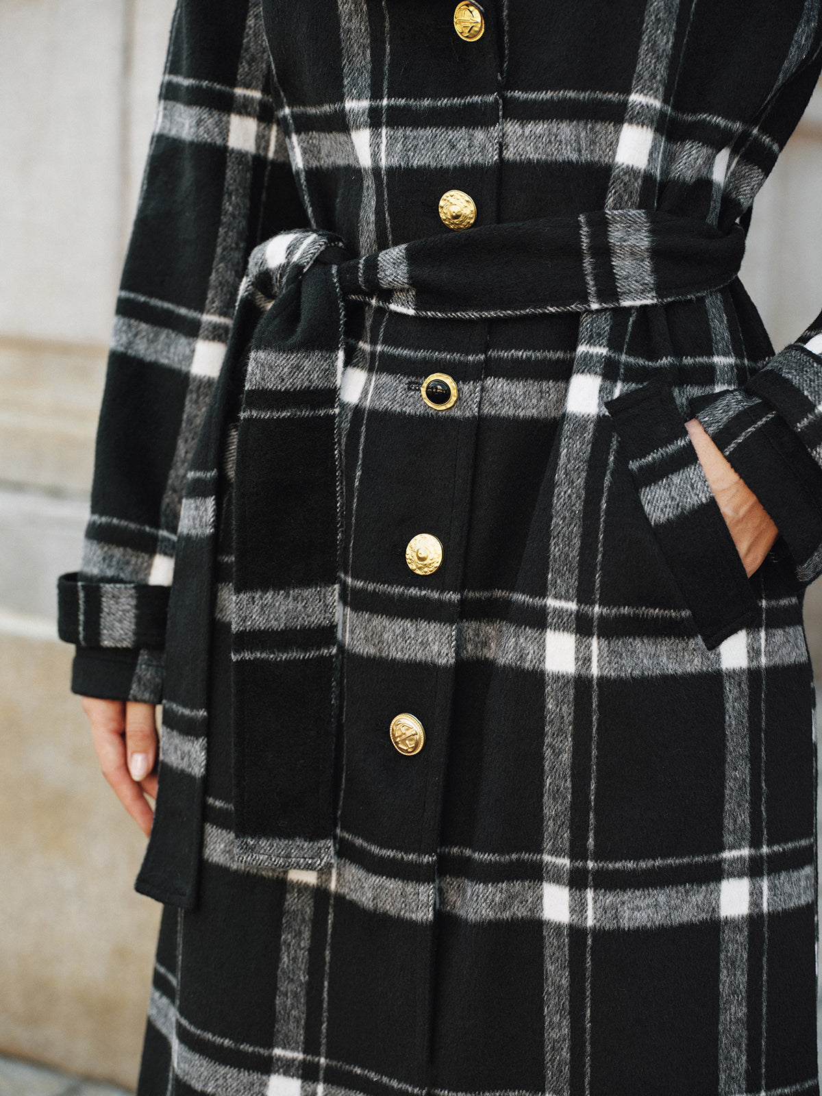 Plaid Belted Wool Blend Trench Coat-Chicvia