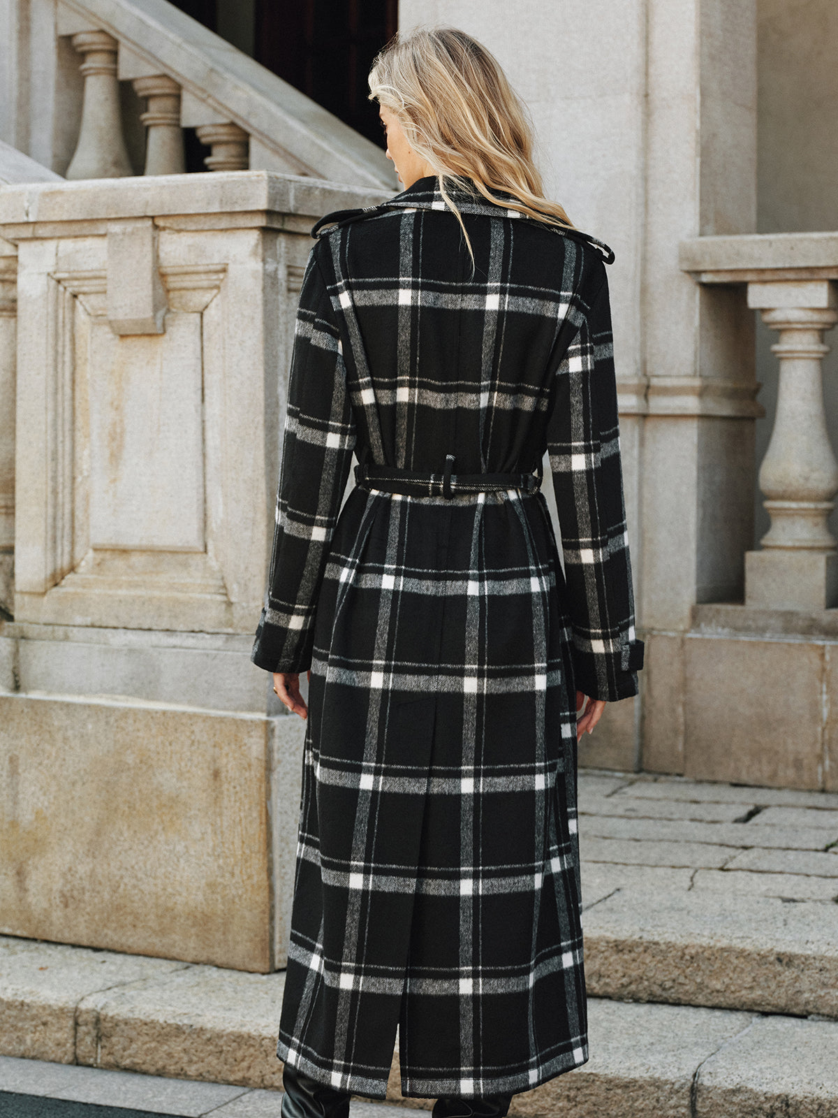 Plaid Belted Wool Blend Trench Coat-Chicvia
