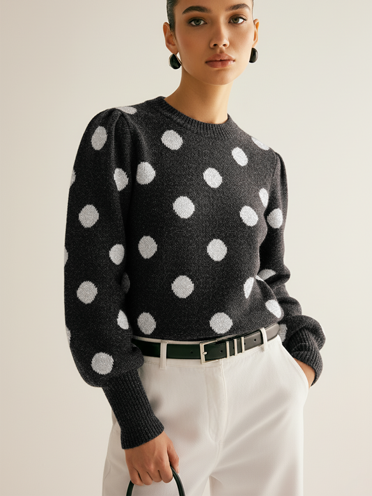Leg-Of-Mutton Sleeve Polka Dot Wool Blend Sweater-Chicvia