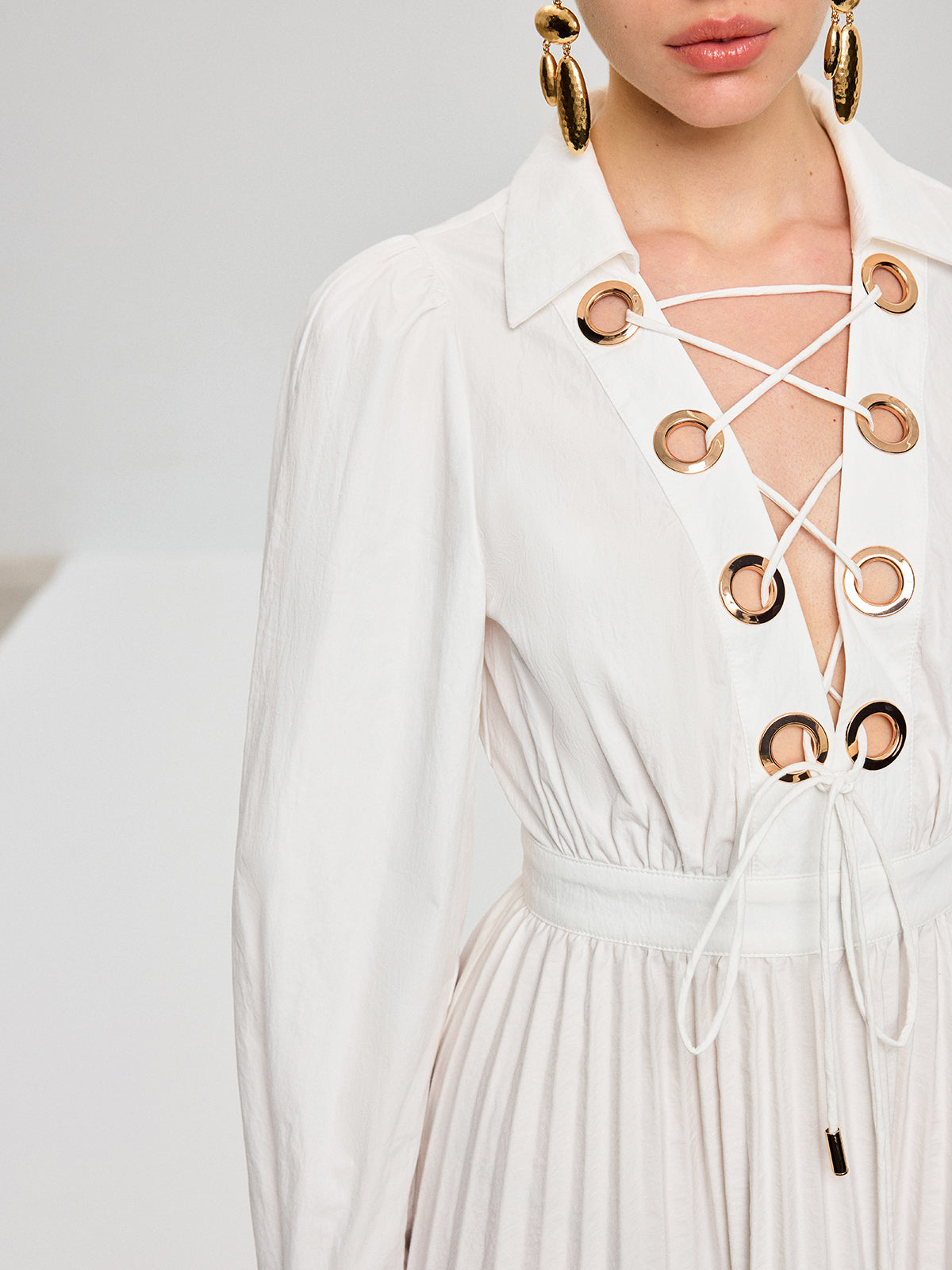 Lace-Up Pleated Midi Dress-Chicvia