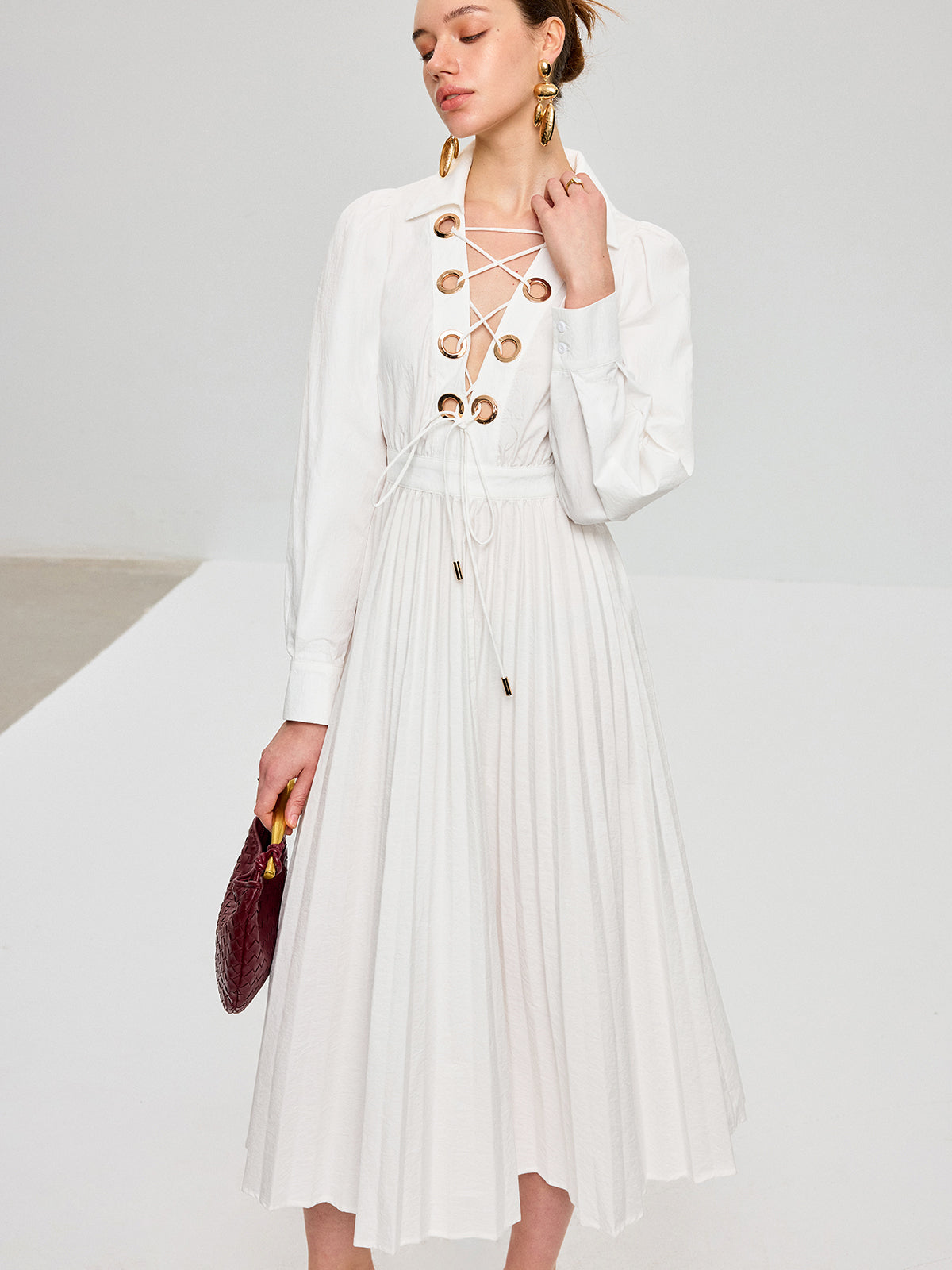 Lace-Up Pleated Midi Dress-Chicvia