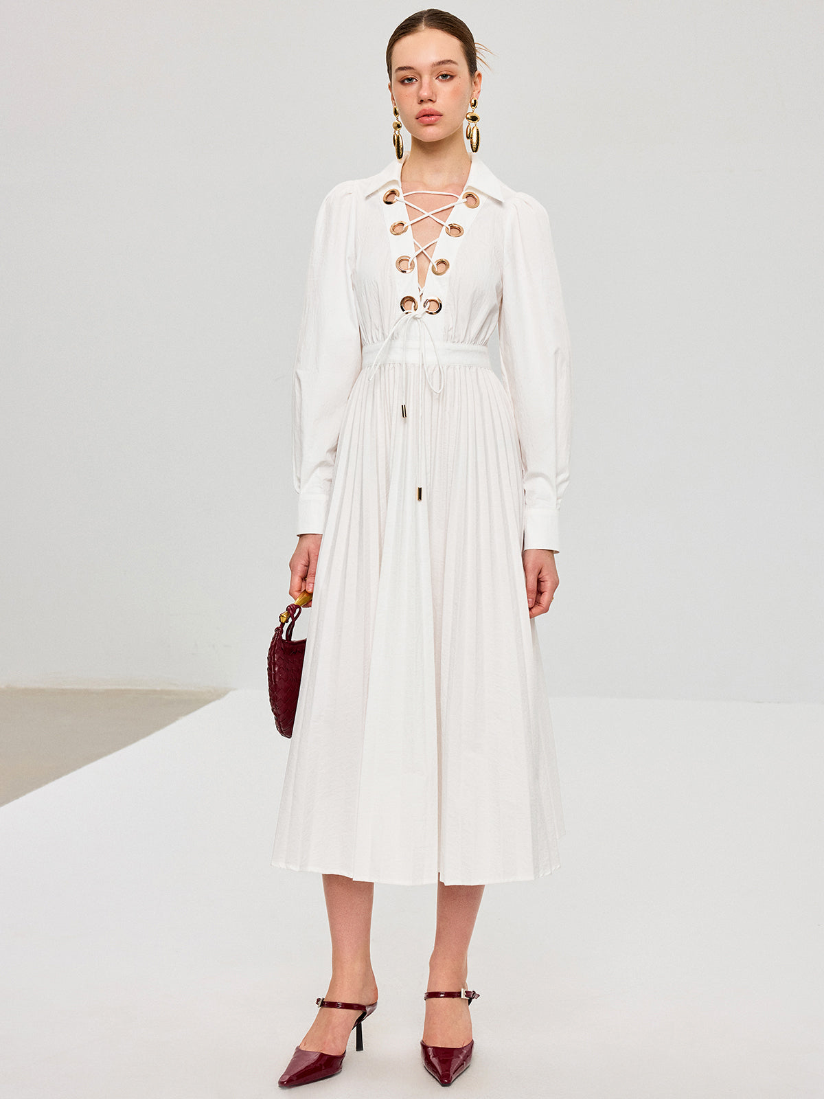 Lace-Up Pleated Midi Dress-Chicvia