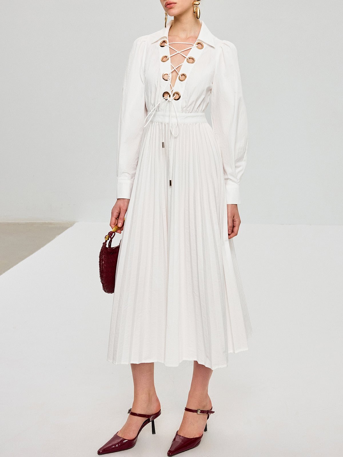 Lace-Up Pleated Midi Dress-Chicvia