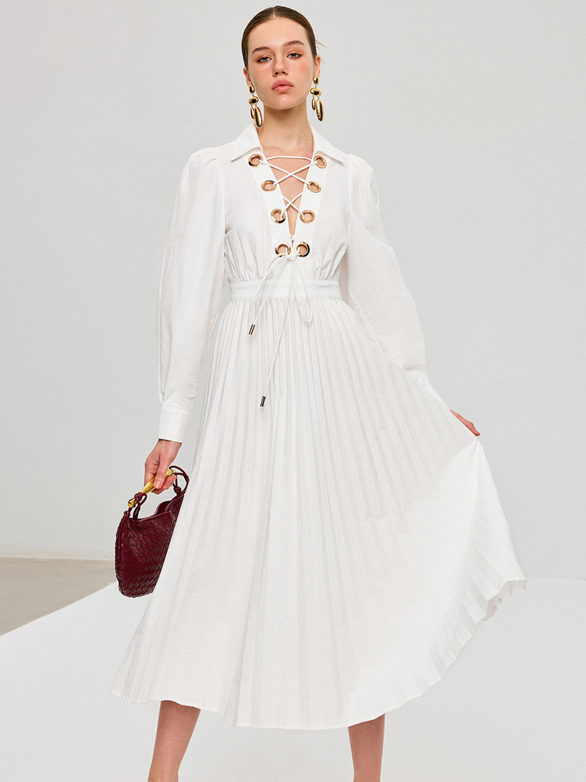 Lace-Up Pleated Midi Dress-Chicvia