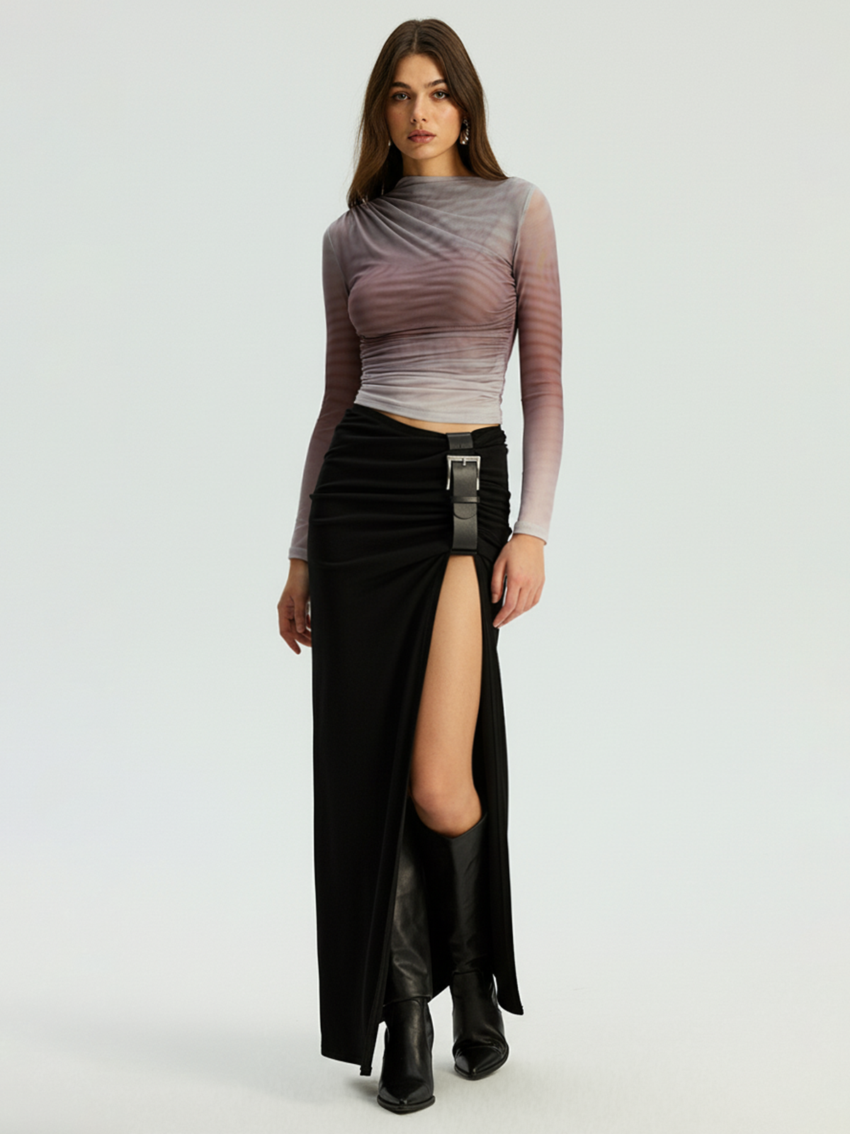 High Slit Belted Ruched Maxi Skirt-Chicvia