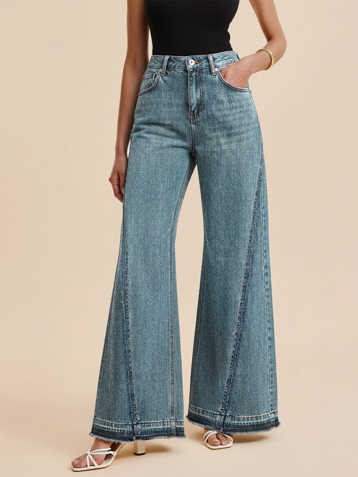 Frayed Hem Paneled Design High-Waisted Jeans-Chicvia