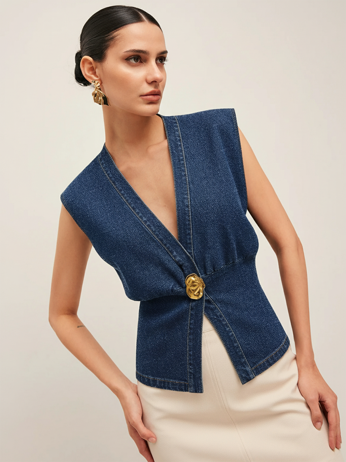 Metal Detail Denim Waist-Cinching Vest-Chicvia