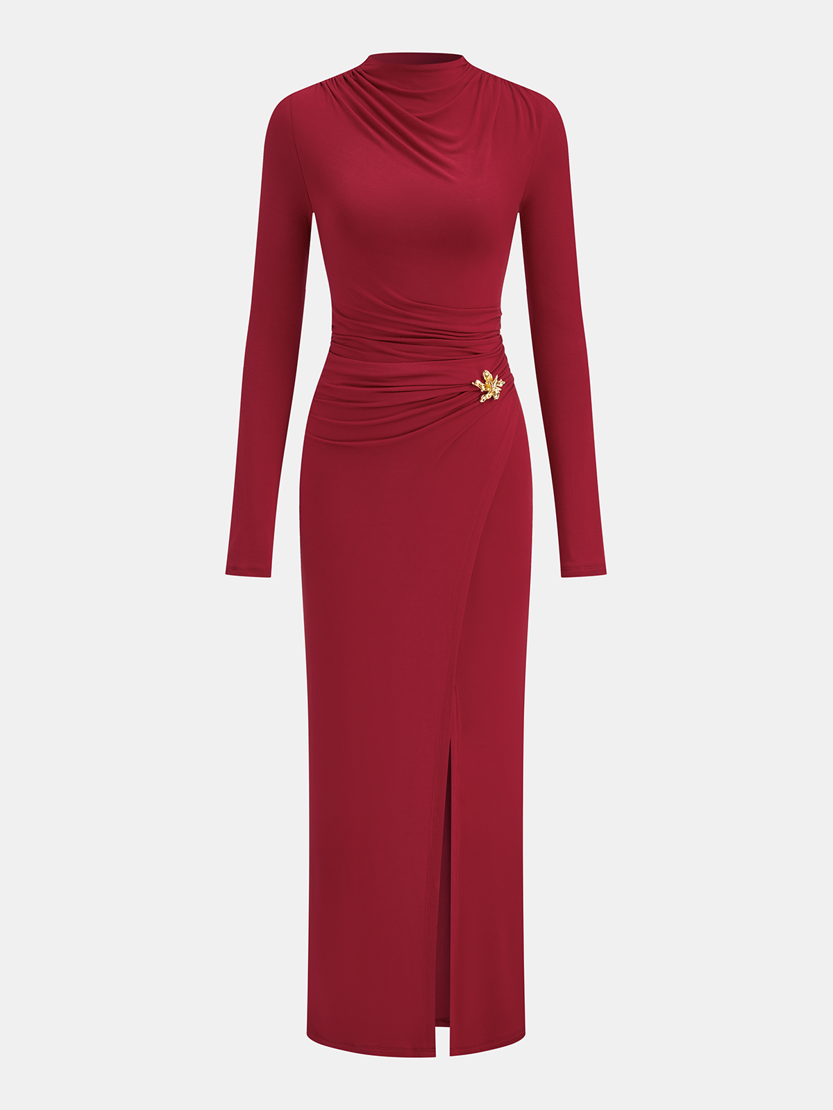 Metal Detail Mock Neck Long Sleeve Maxi Dress-Chicvia