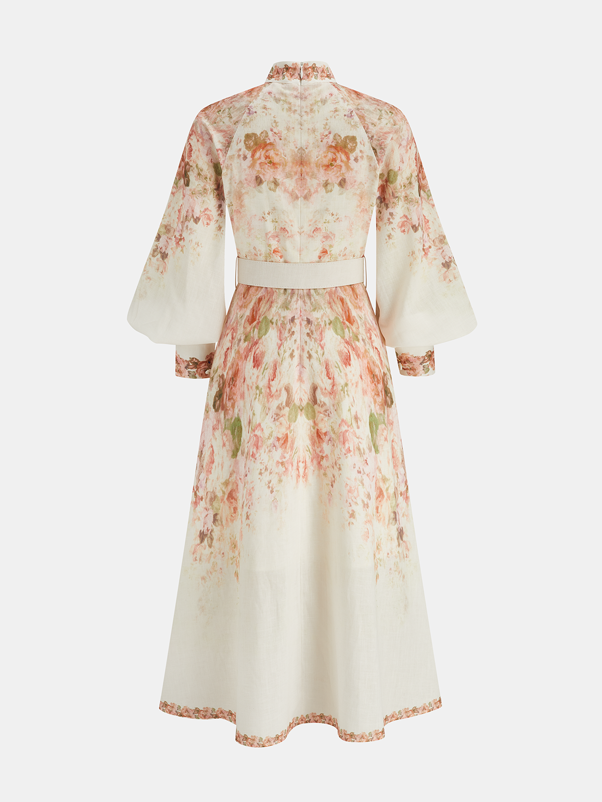Leg-Of-Mutton Sleeve Floral Print Belted Maxi Dress-Chicvia