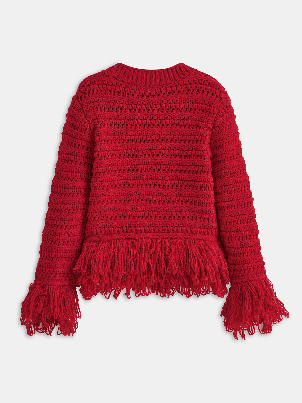 Fringe Hem Crochet Knit Sweater-Chicvia