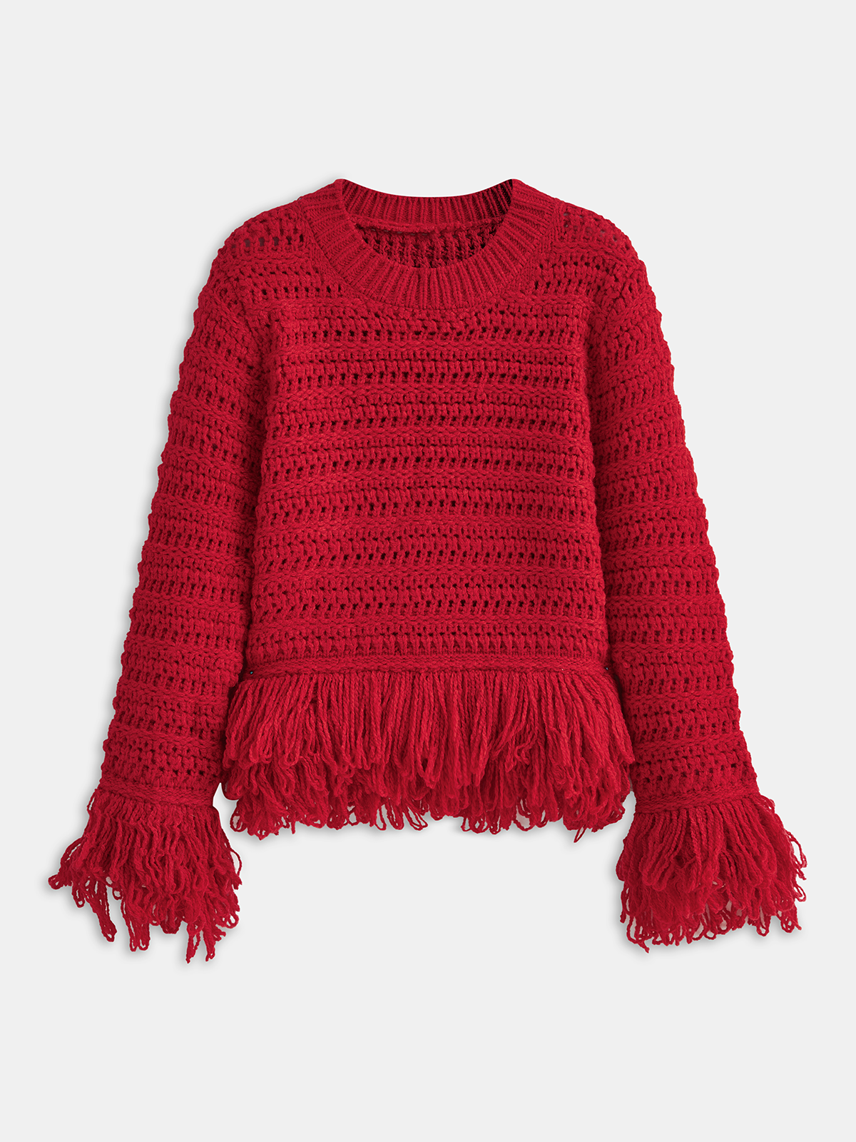 Fringe Hem Crochet Knit Sweater-Chicvia