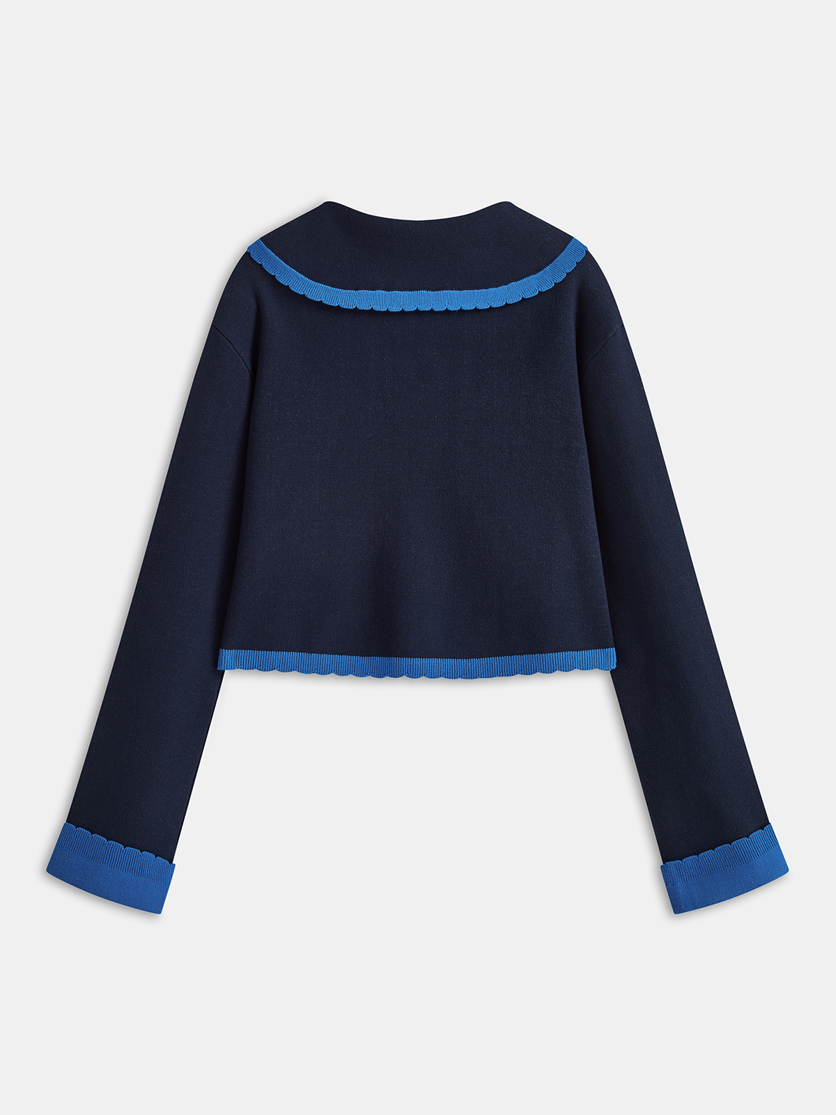 Contrast Trim Scallop Collar Cardigan-Chicvia