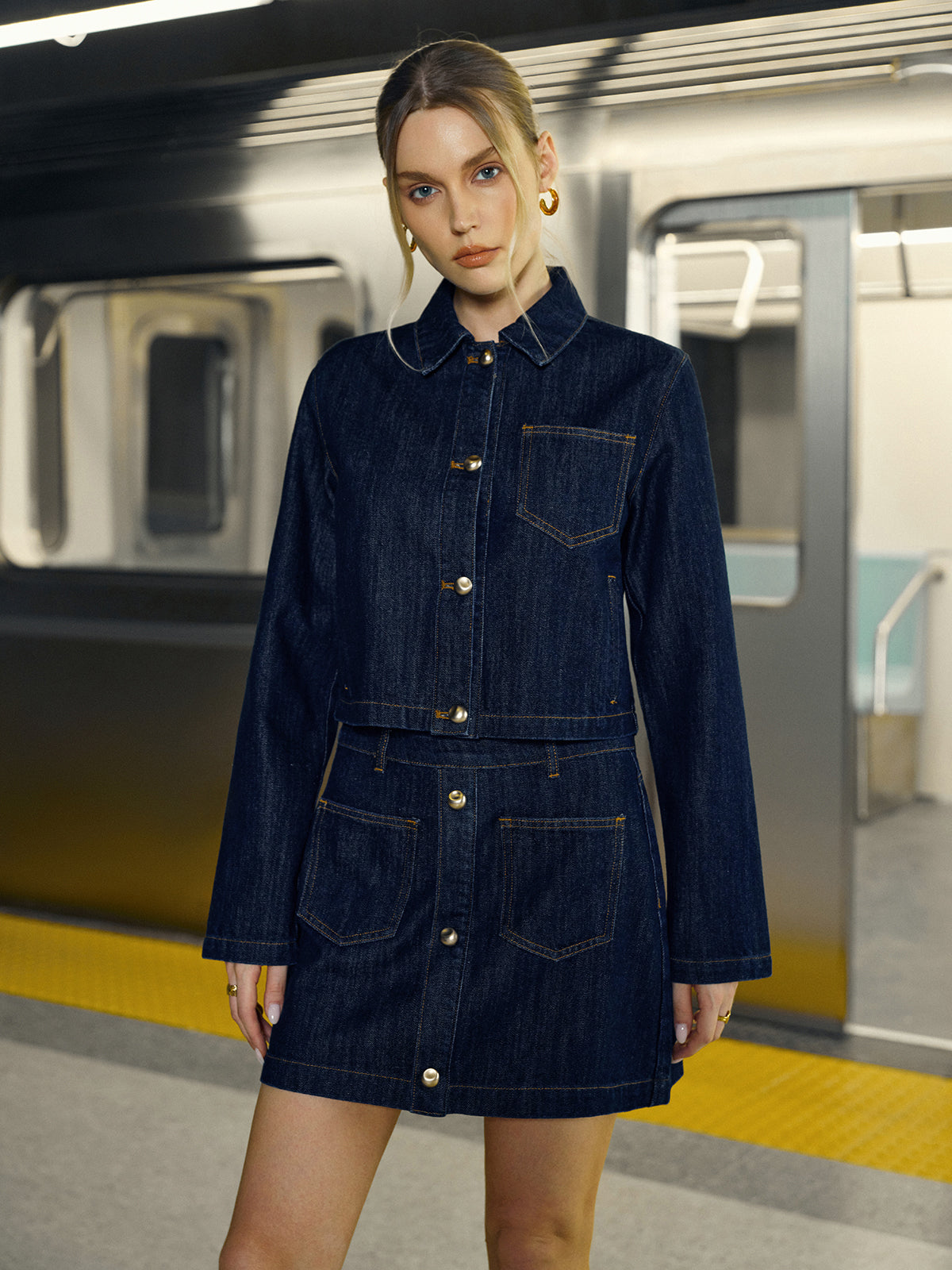 Pocket Button-Front Denim Mini Skirt-Chicvia