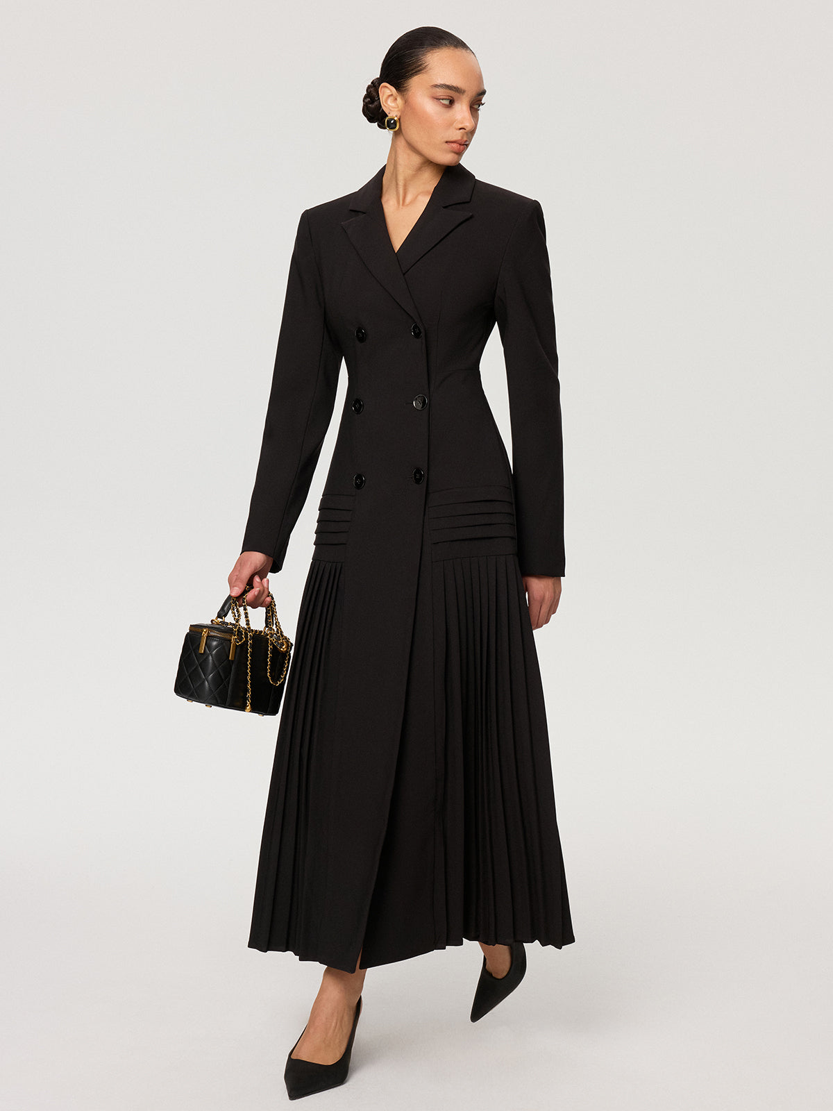 Pleated Hem Double-Breasted Blazer Coat-Chicvia