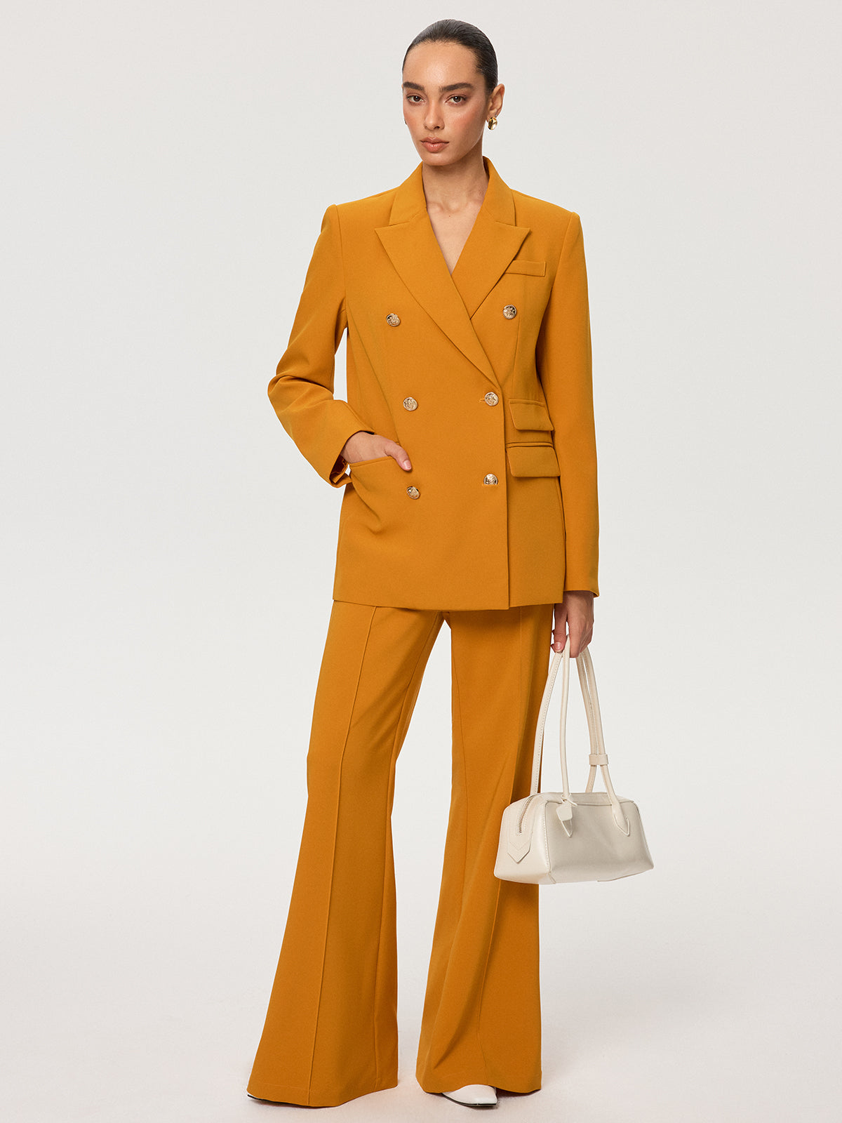 Double-Breasted Metal Button Blazer-Chicvia