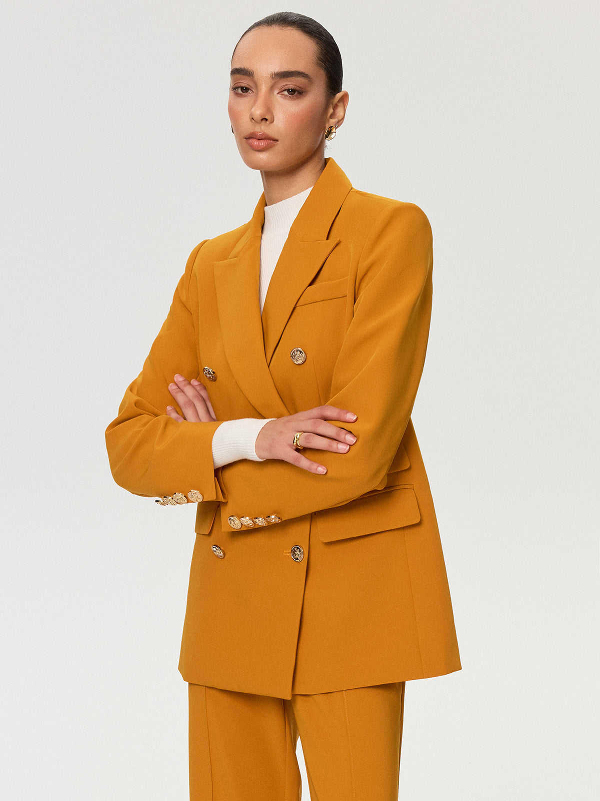 Double-Breasted Metal Button Blazer-Chicvia