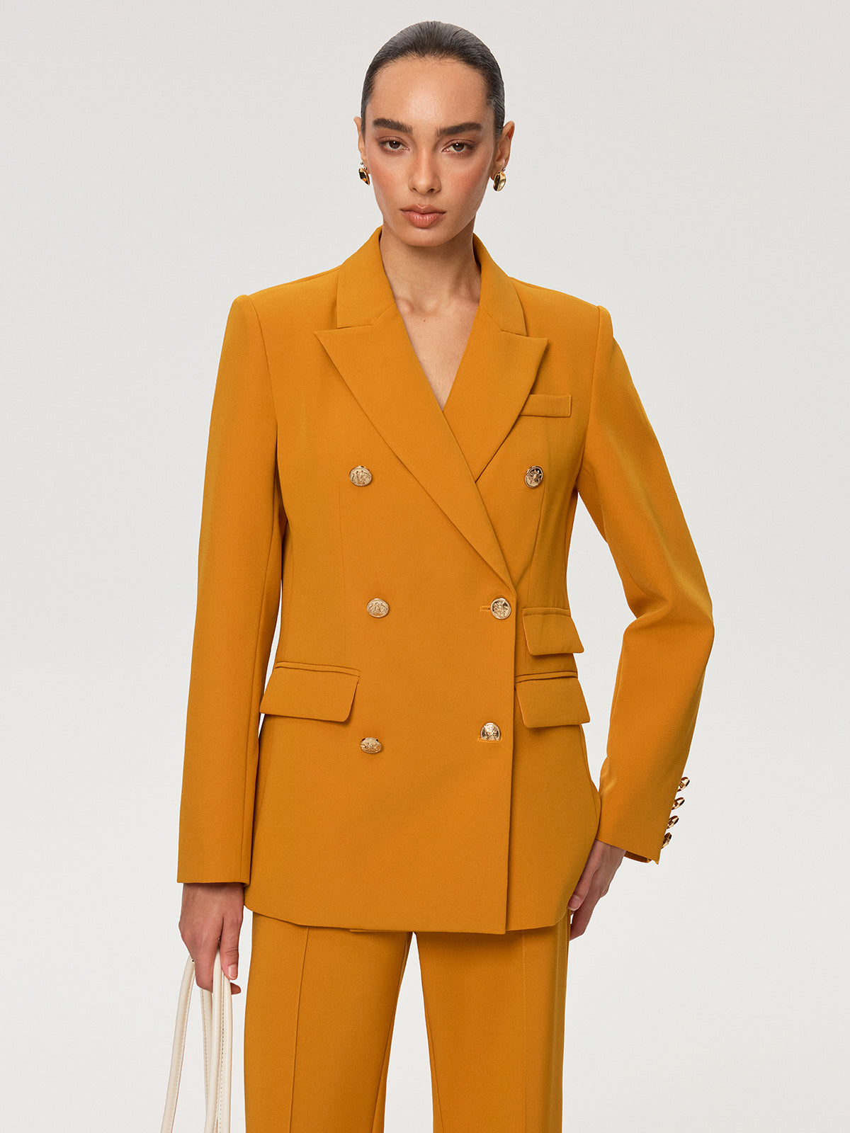 Double-Breasted Metal Button Blazer-Chicvia