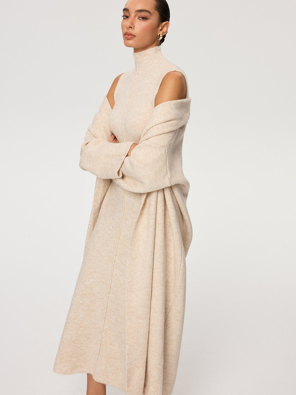 Knit Coat and Turtleneck Sleeveless Dress Two-Piece Set-Chicvia