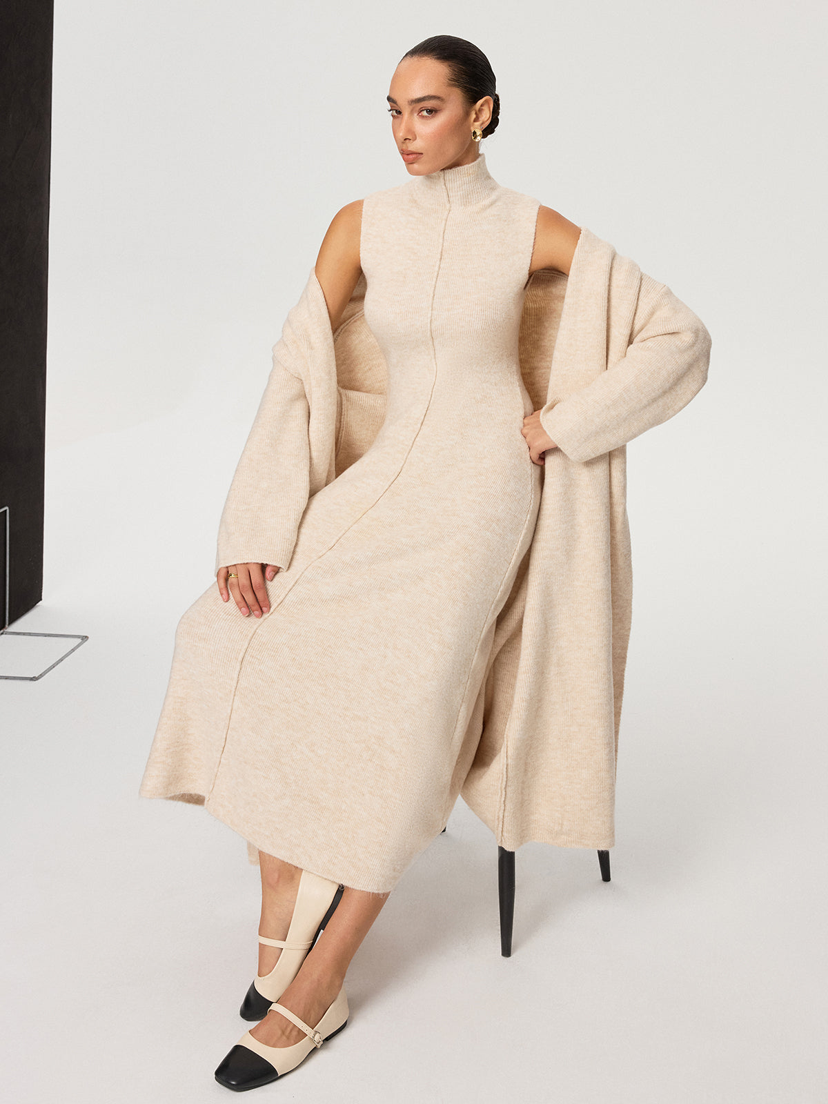Knit Coat and Turtleneck Sleeveless Dress Two-Piece Set-Chicvia