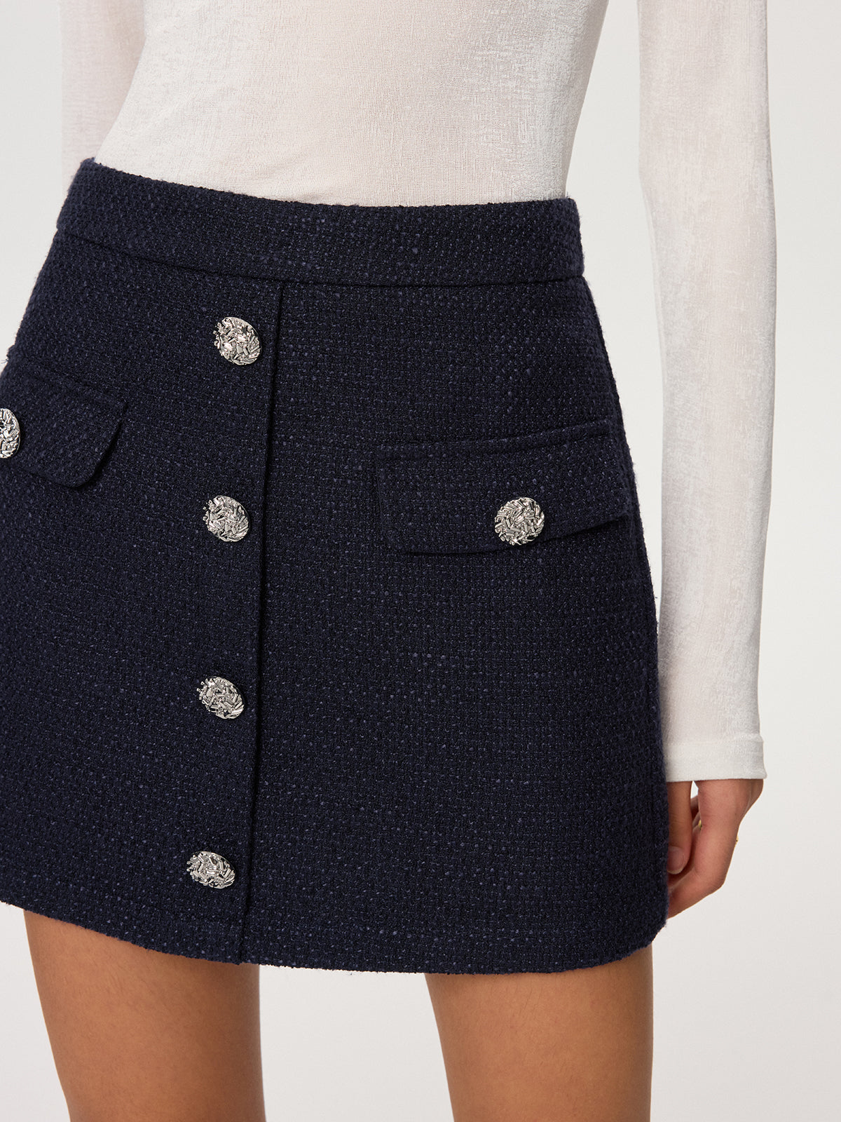 Metal Button Tweed Mini Skirt-Chicvia