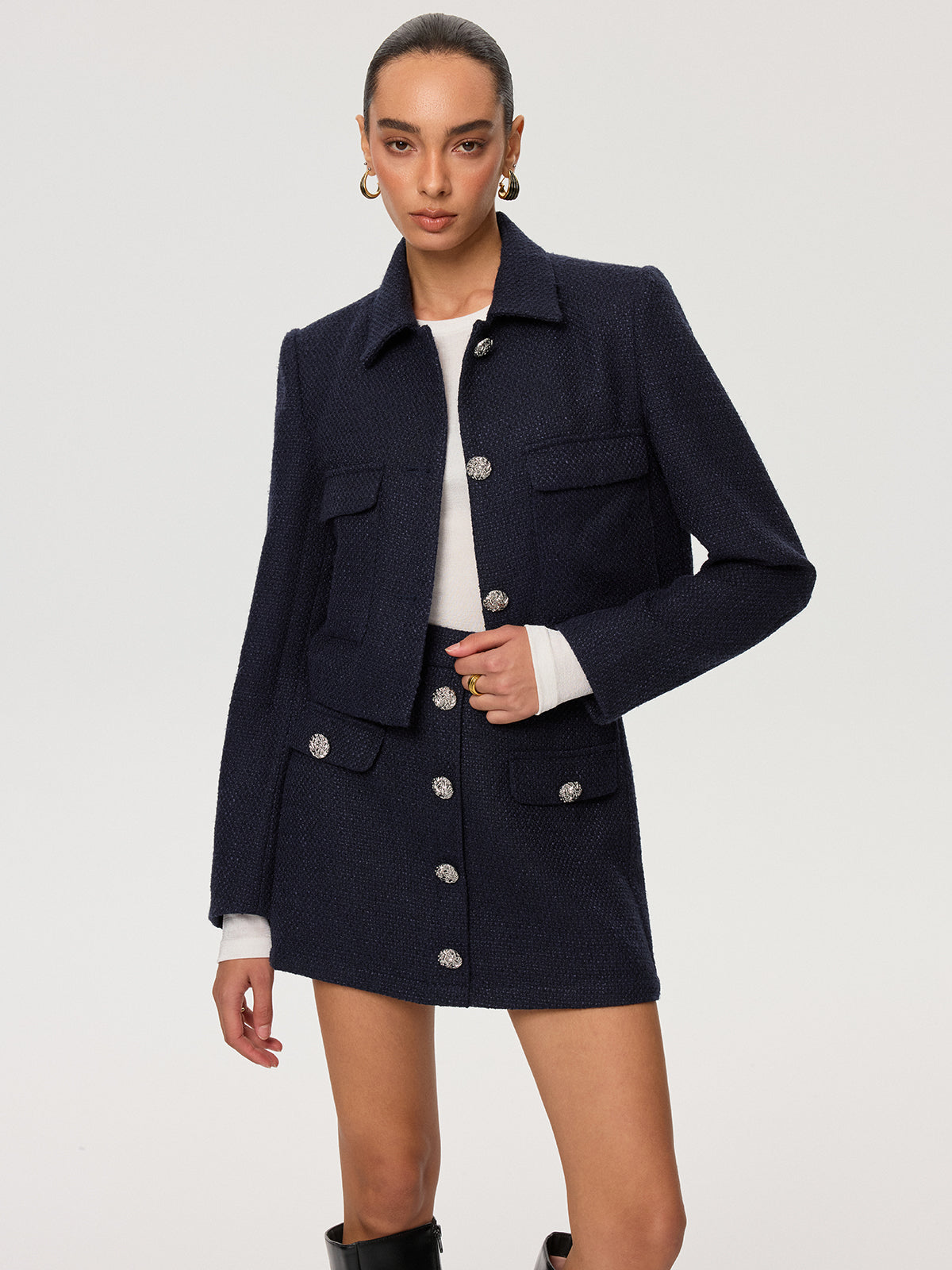 Metal Button Tweed Mini Skirt-Chicvia