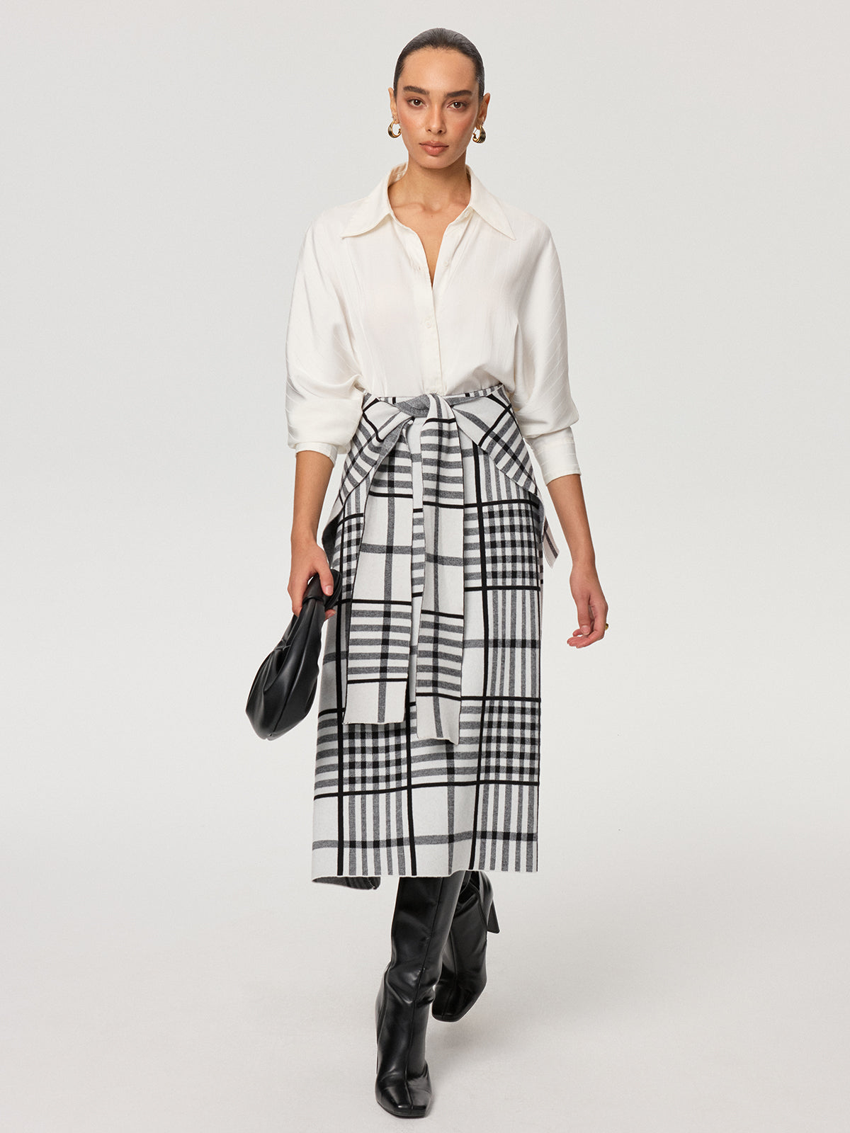 Plaid Wool Blend Midi Skirt with Apron Belt-Chicvia