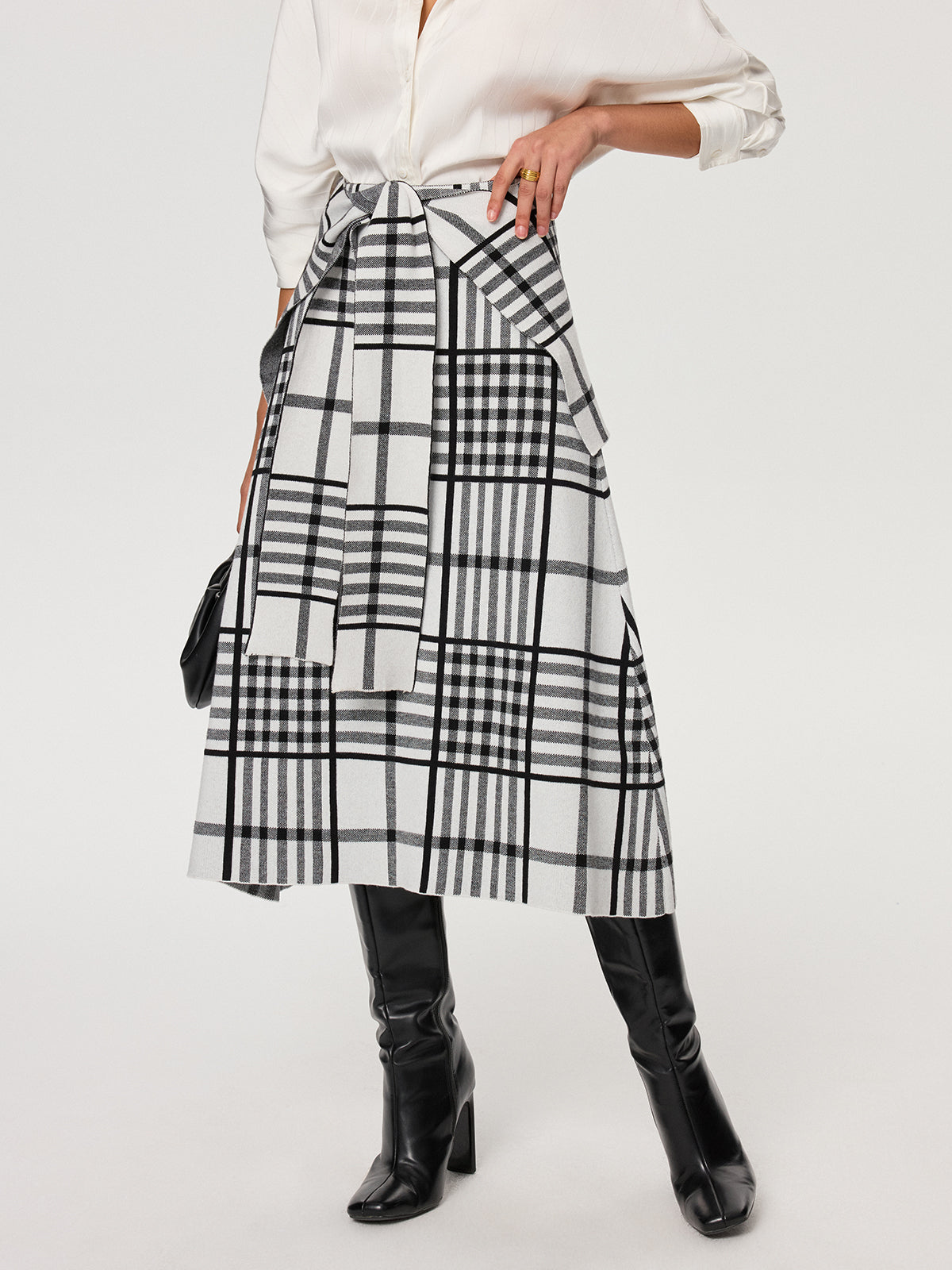 Plaid Wool Blend Midi Skirt with Apron Belt-Chicvia