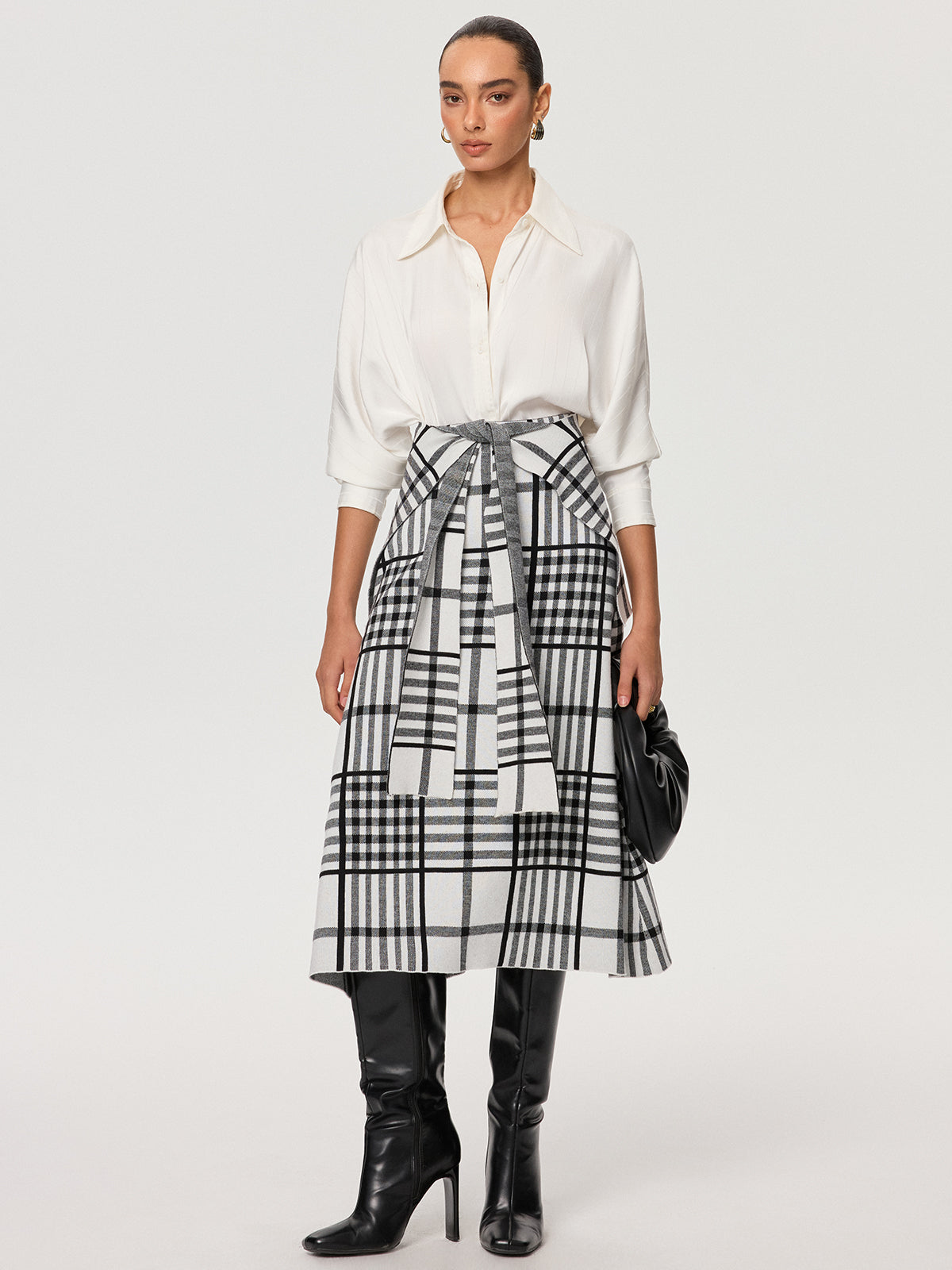 Plaid Wool Blend Midi Skirt with Apron Belt-Chicvia