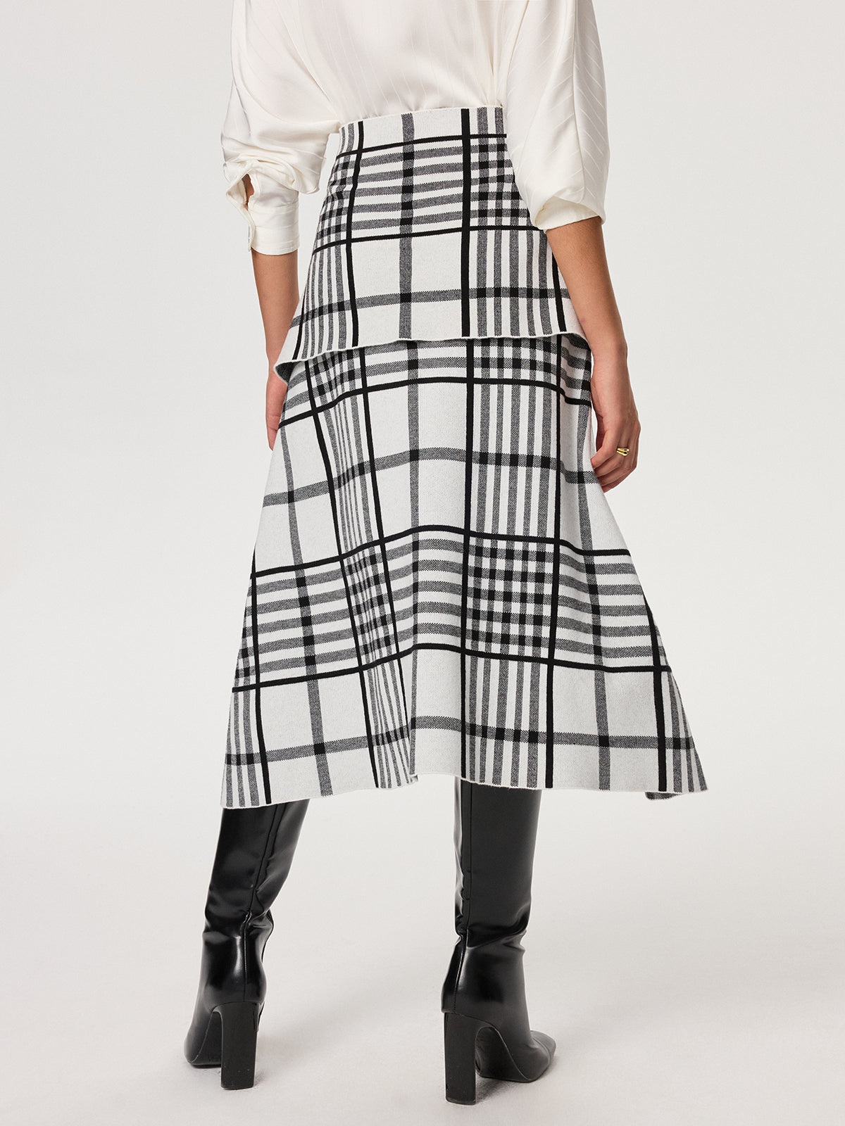 Plaid Wool Blend Midi Skirt with Apron Belt-Chicvia
