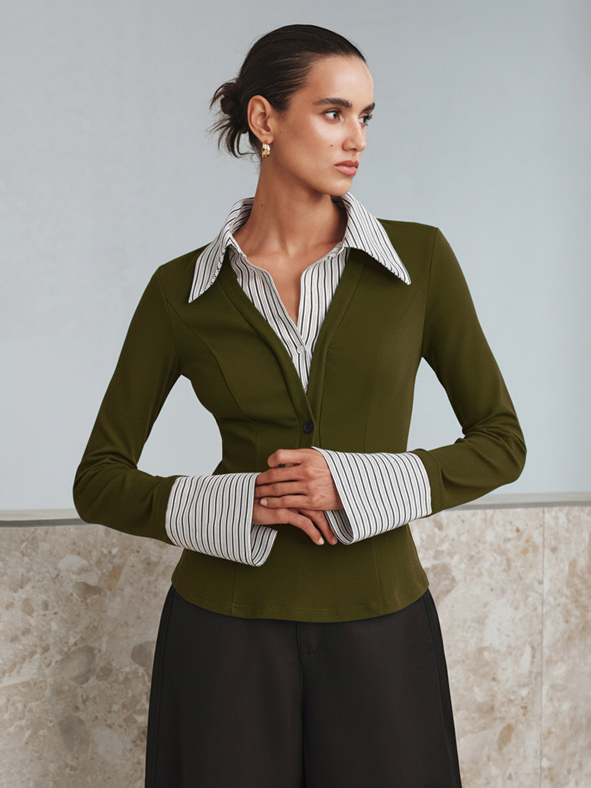Mock Two-Piece Long-Sleeve Two Tone Polo Top-Chicvia