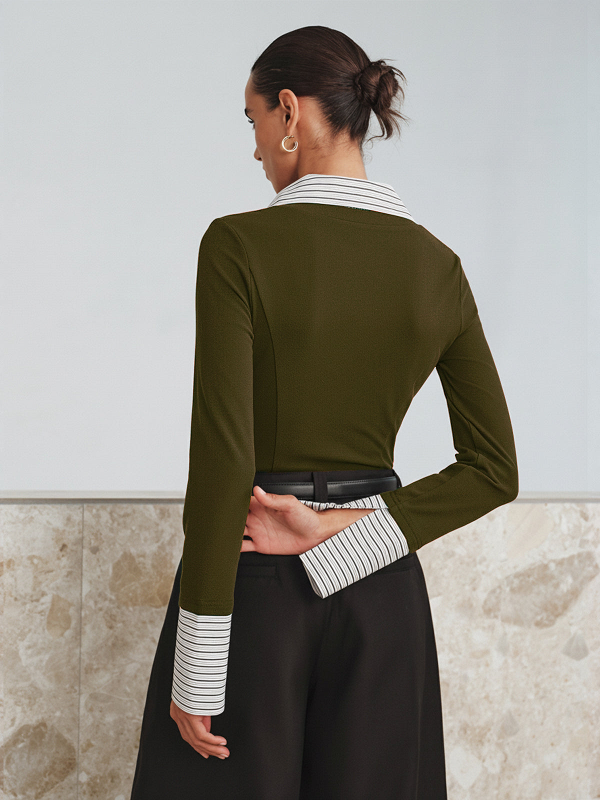 Mock Two-Piece Long-Sleeve Two Tone Polo Top-Chicvia